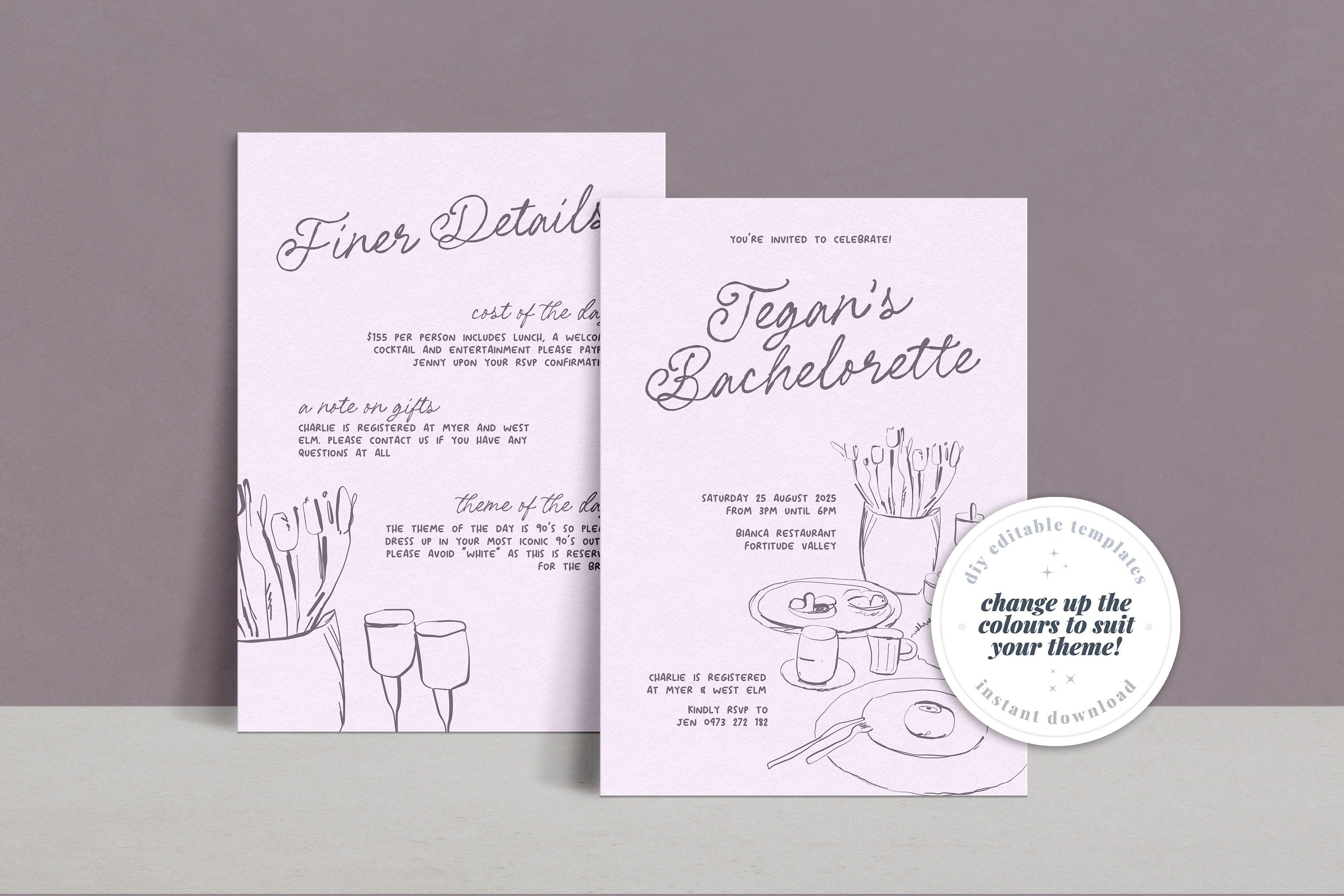 MACIE Fun Quirky Bachelorette Party Invitation Template, Hens Weekend Invite, Drawing Illustration, Editable Templett Download