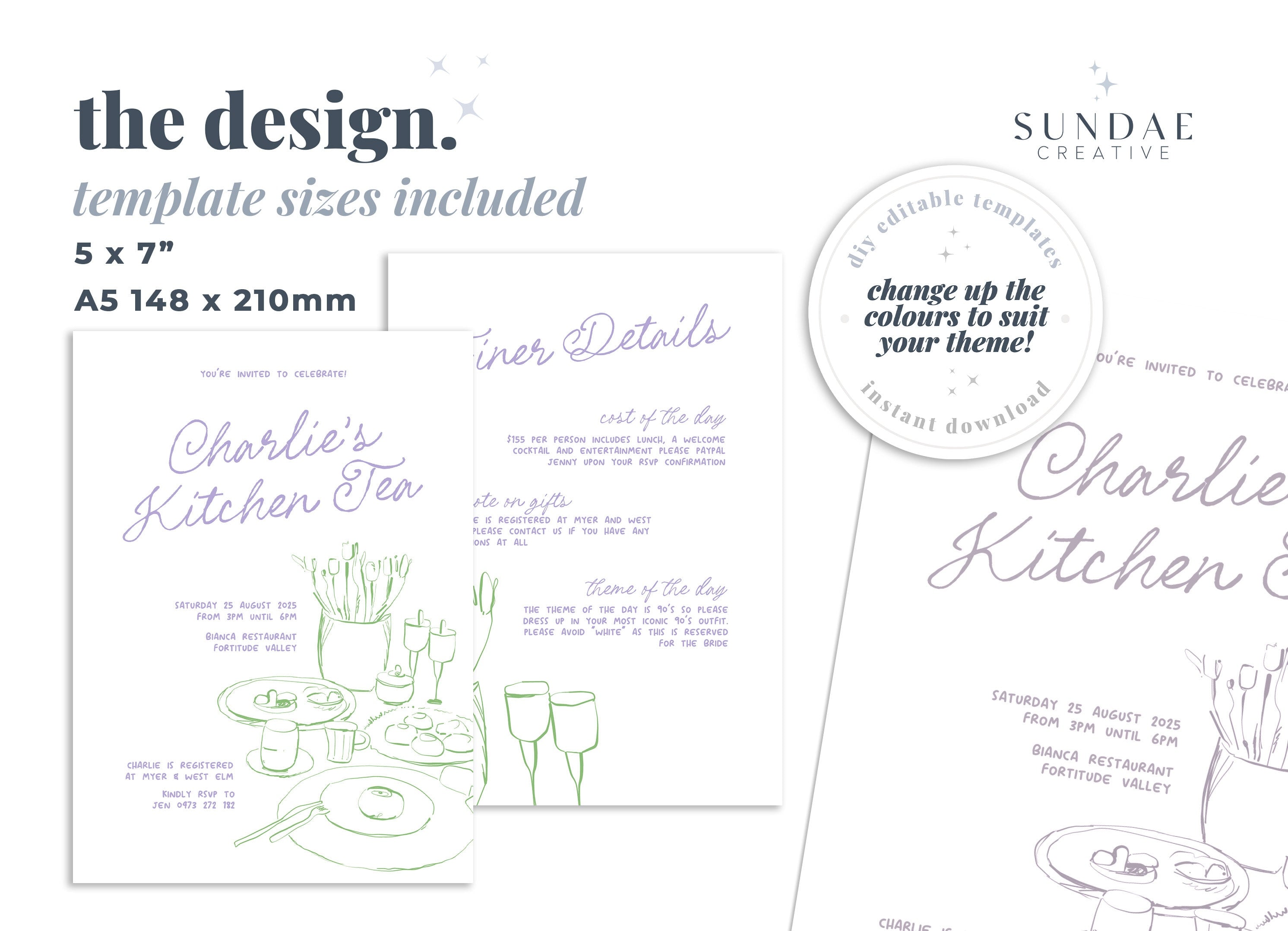 MACIE Fun Hand Drawn Kitchen Tea Shower Invitation Template, Bridal Shower Invite, Drawing Illustration, Editable Templett Download