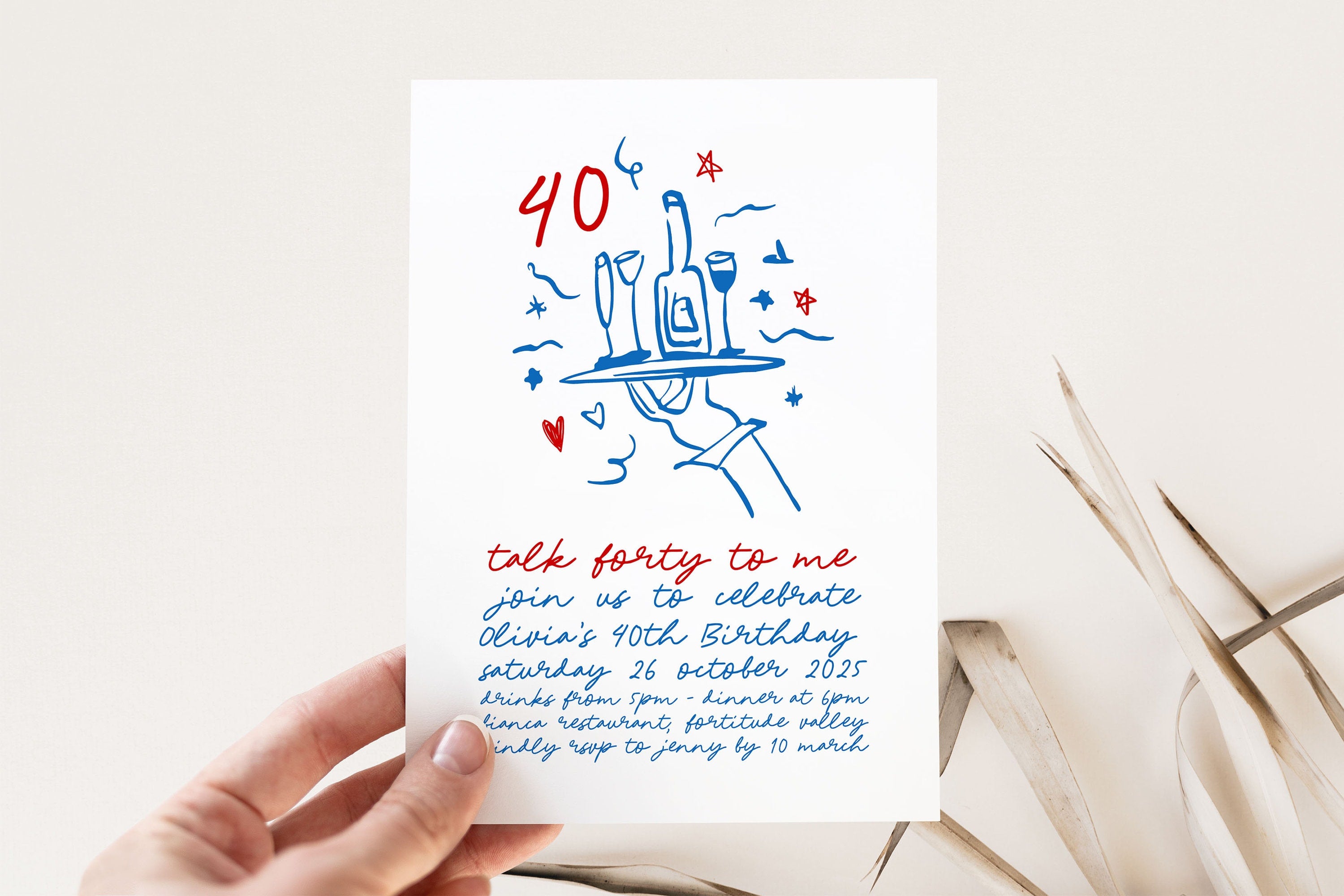 CLARA Hand drawn quirky 40th Birthday Invitation Template, Illustration Drawing birthday forty fifty thirty 30th, Editable Templett Download