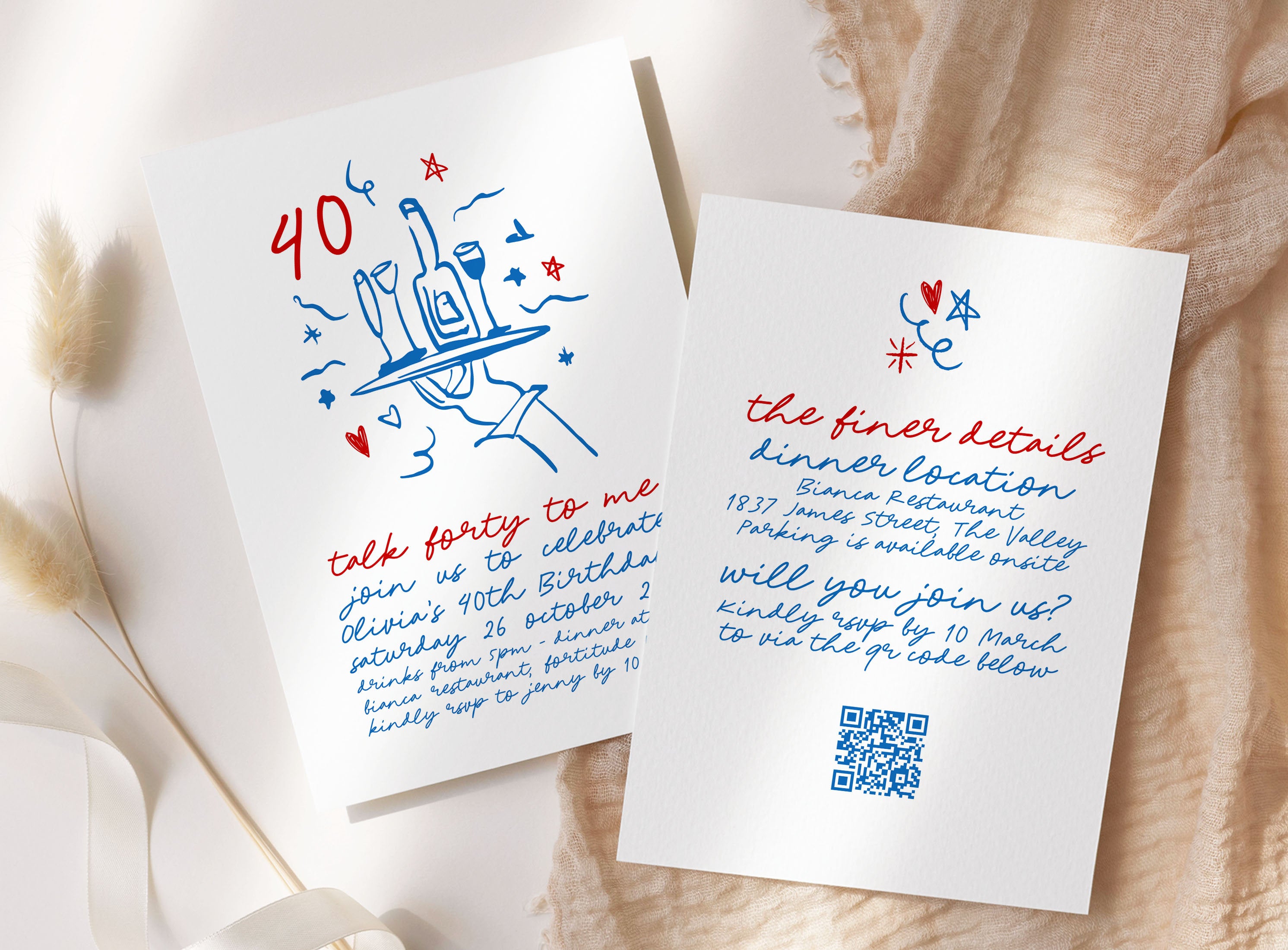 CLARA Hand drawn quirky 40th Birthday Invitation Template, Illustration Drawing birthday forty fifty thirty 30th, Editable Templett Download