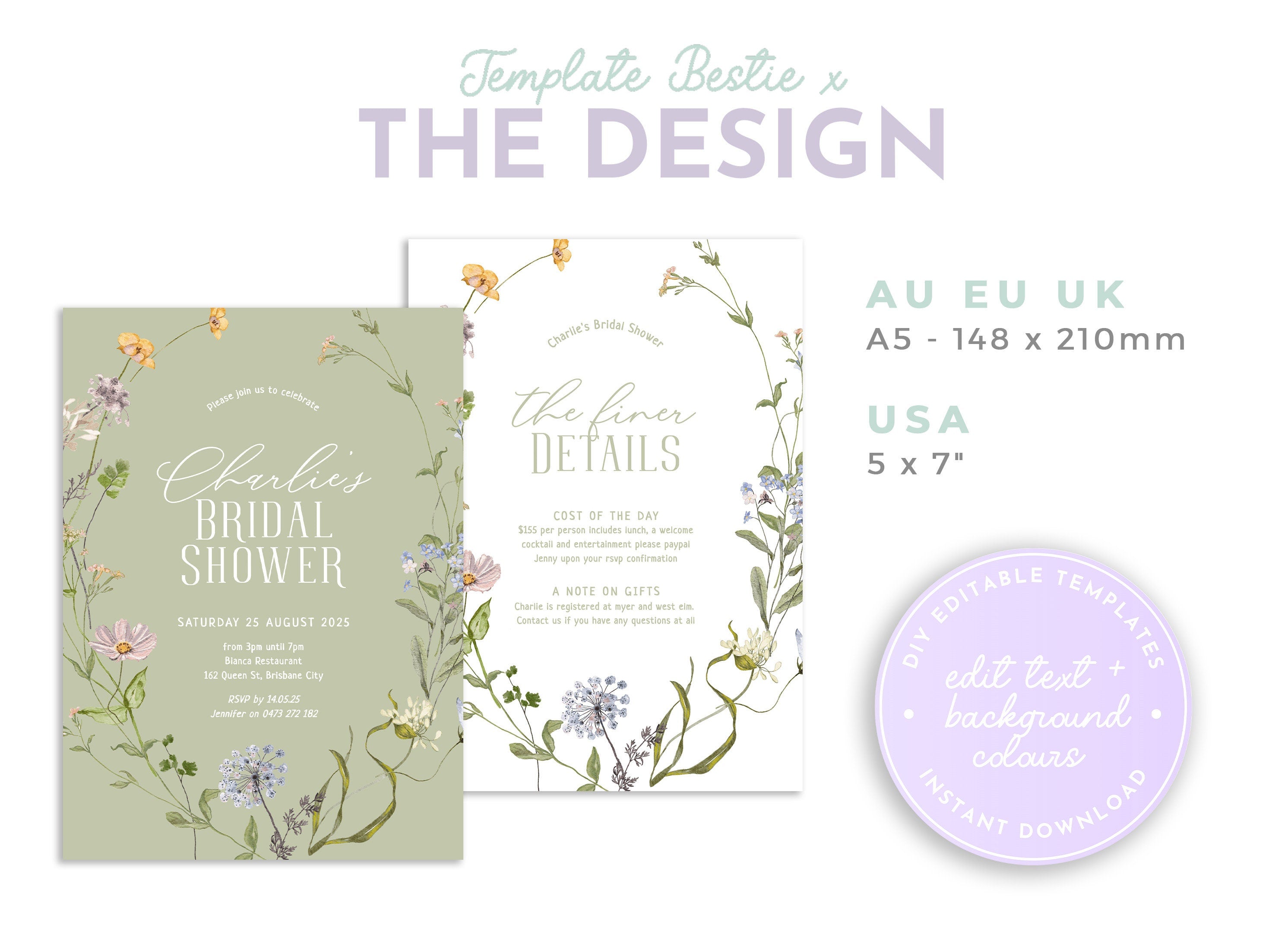 BETTY Colorful Wildflower Shower Invitation Template, Editable Bridal Shower Invitation Boho, Wildflower, Templett Instant Download