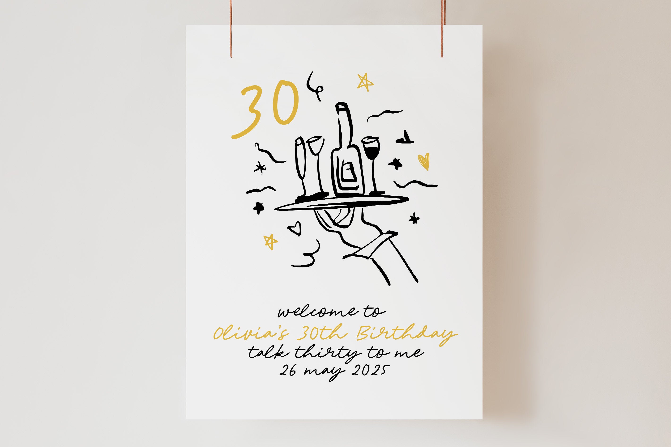 CLARA Fun Modern 30th Birthday Welcome Sign Template, Illustration Drawing birthday thirty 30th sign, Black Gold Editable Templett Download