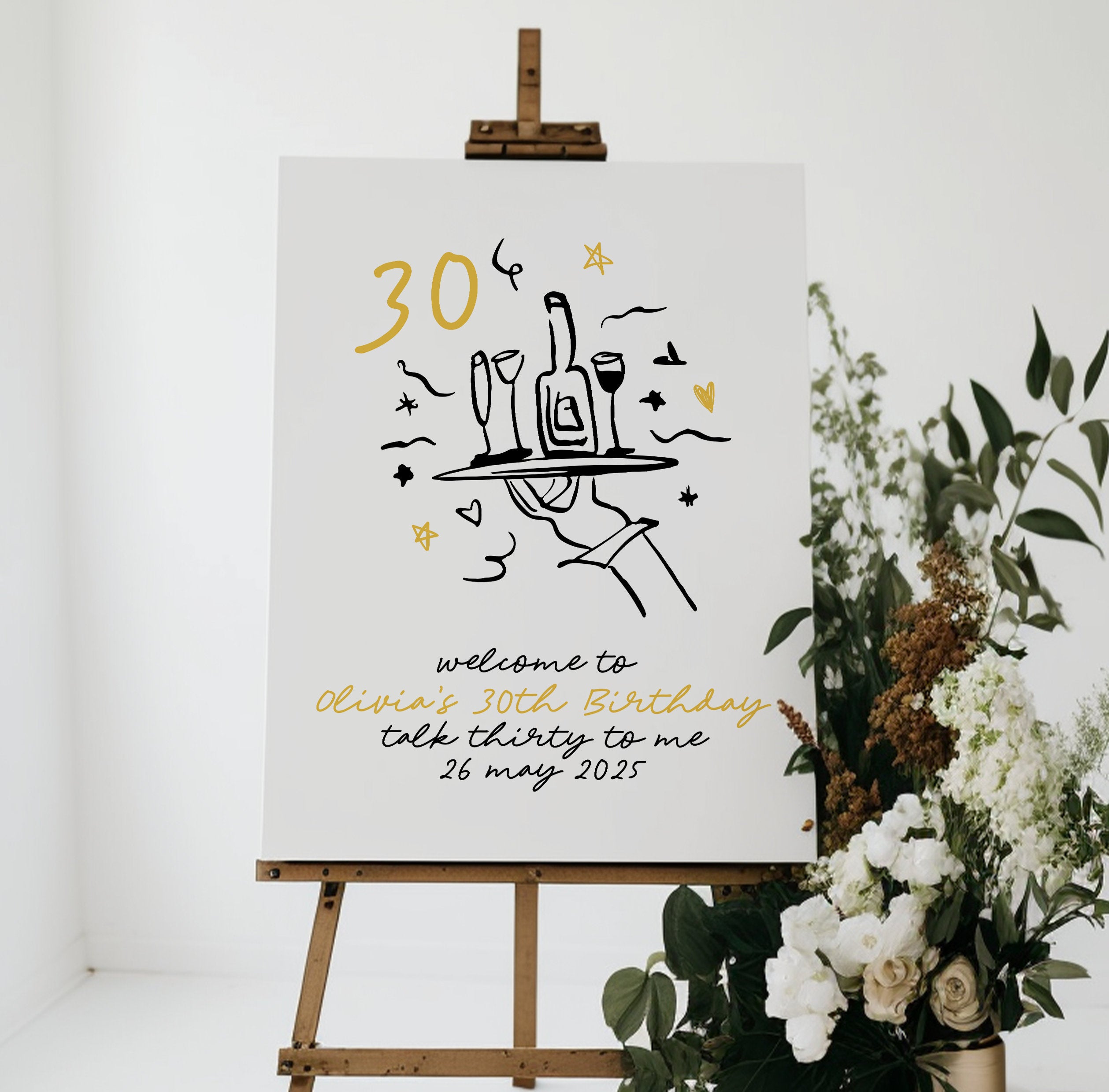 CLARA Fun Modern 30th Birthday Welcome Sign Template, Illustration Drawing birthday thirty 30th sign, Black Gold Editable Templett Download