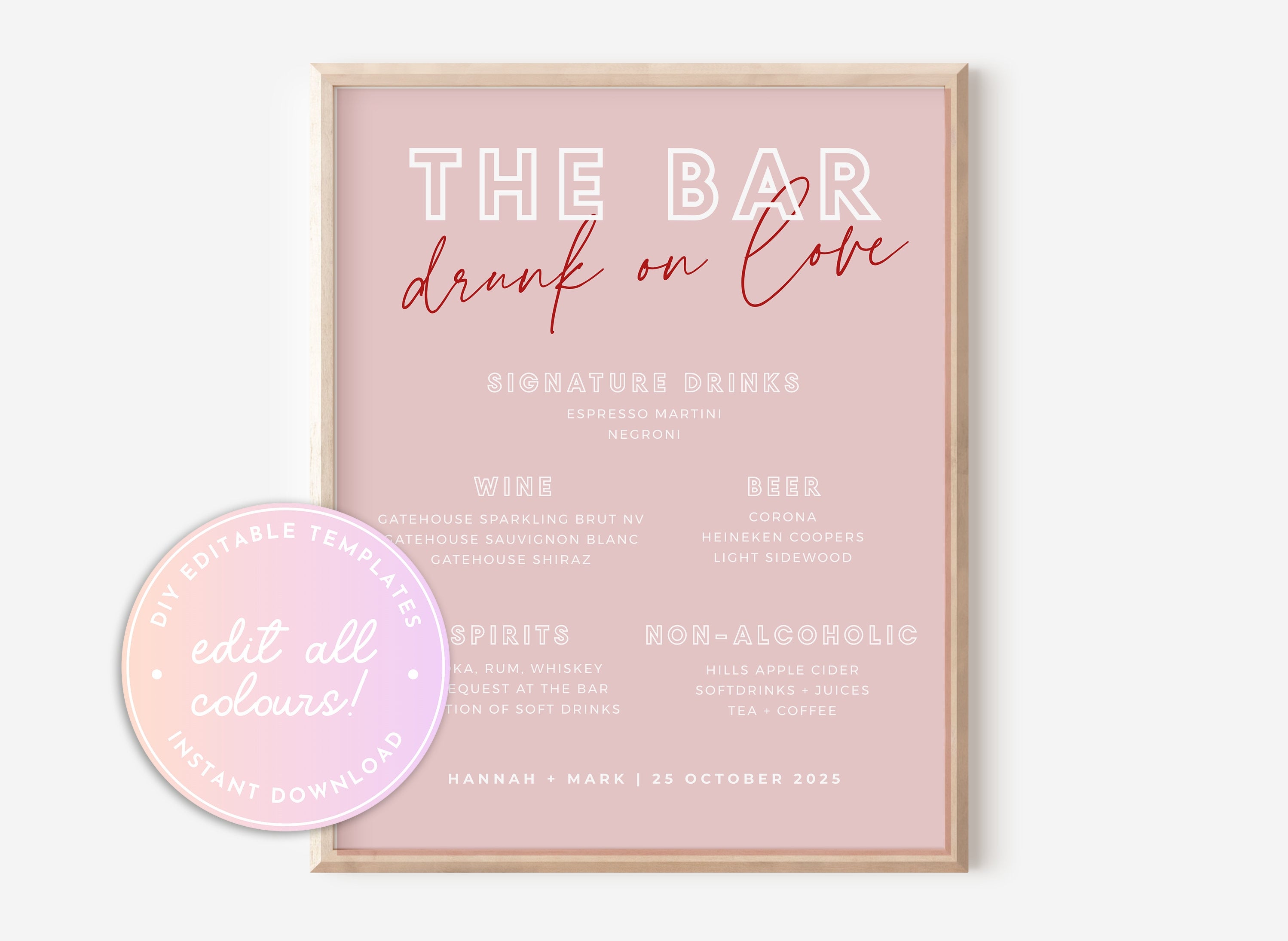 BRODY Pink Red Wedding Bar Sign Template, Pink Hen Weekend Shower Drinks Sign, Printable template, Instant Download Editable Templett