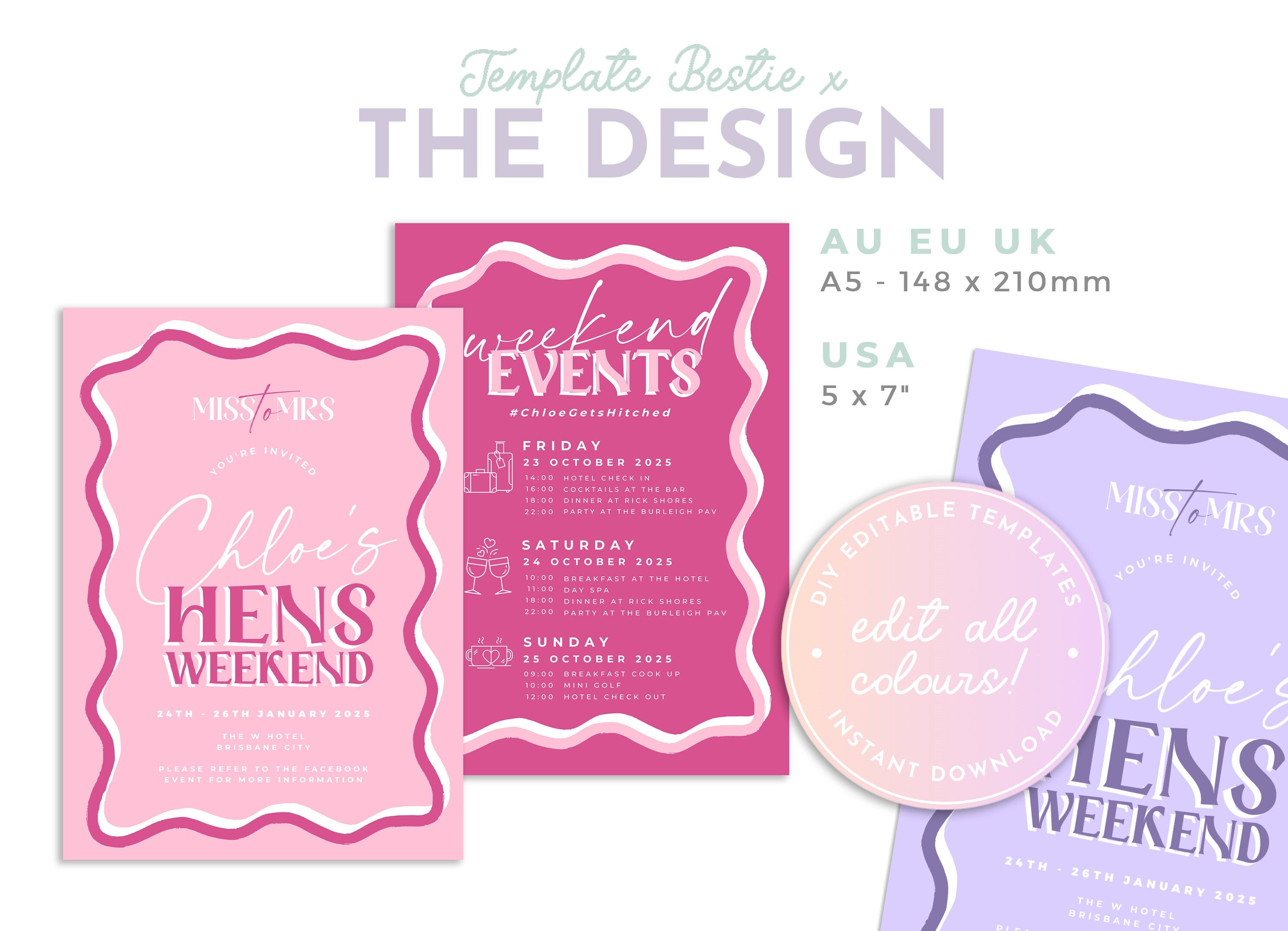 SONNY Pink Wavey Hens Weekend Invite, Pink Hen Weekend Events, Bridal Shower Invitation template, Instant Download Editable Templett