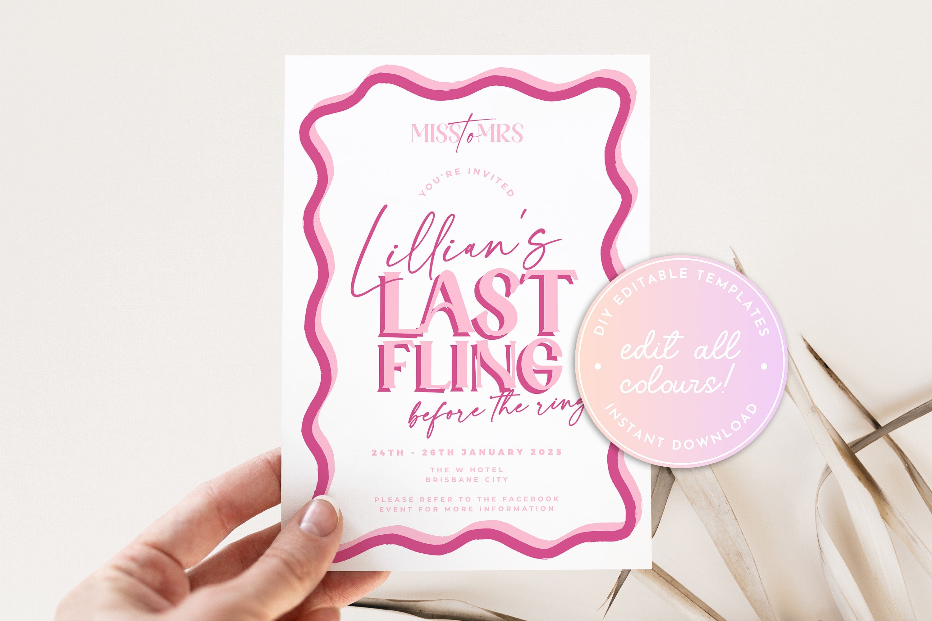 SONNY Last Fling Before the Ring Invite, Pink Hen Weekend Events, Bridal Shower Invitation template, Instant Download Editable Templett