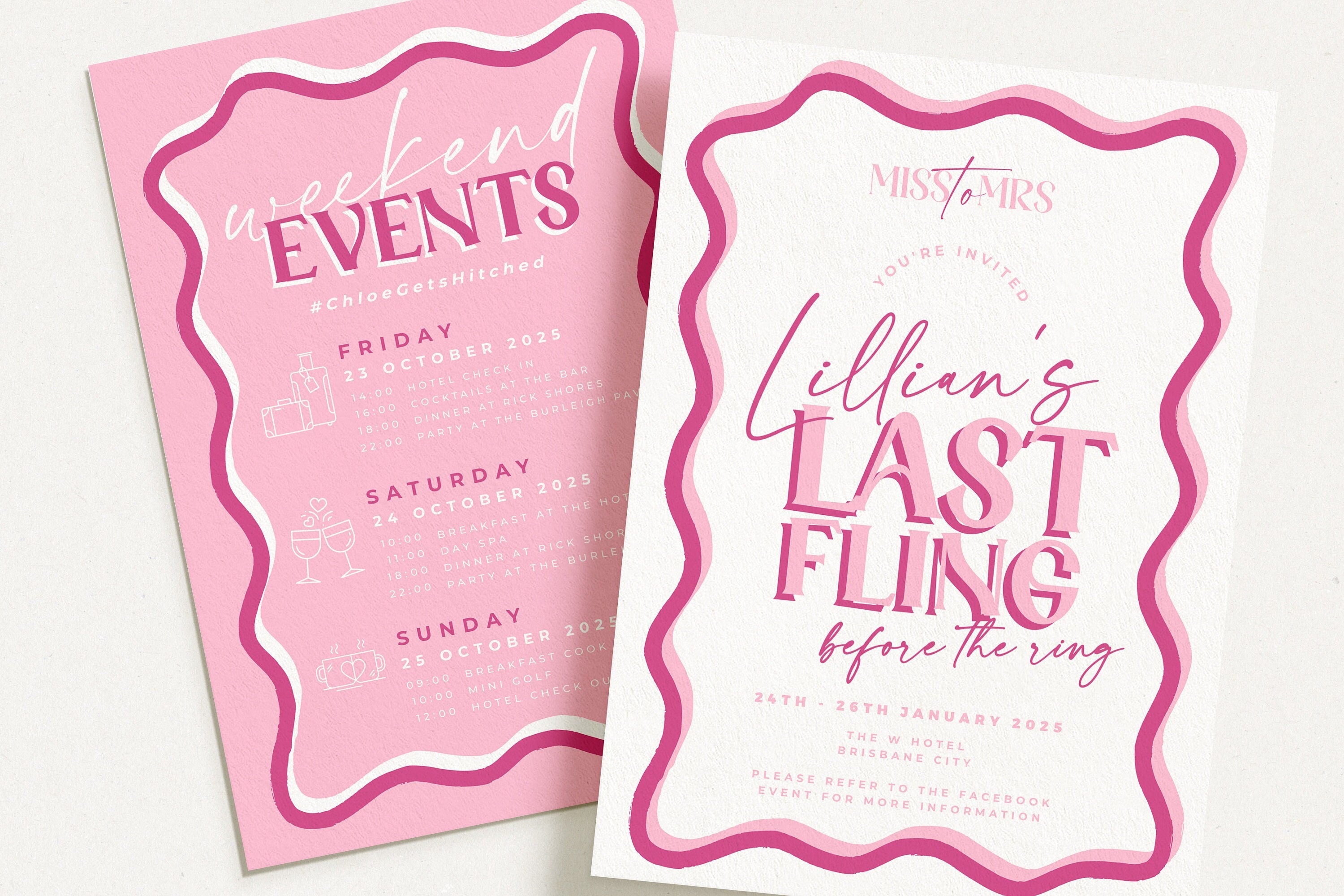 SONNY Last Fling Before the Ring Invite, Pink Hen Weekend Events, Bridal Shower Invitation template, Instant Download Editable Templett