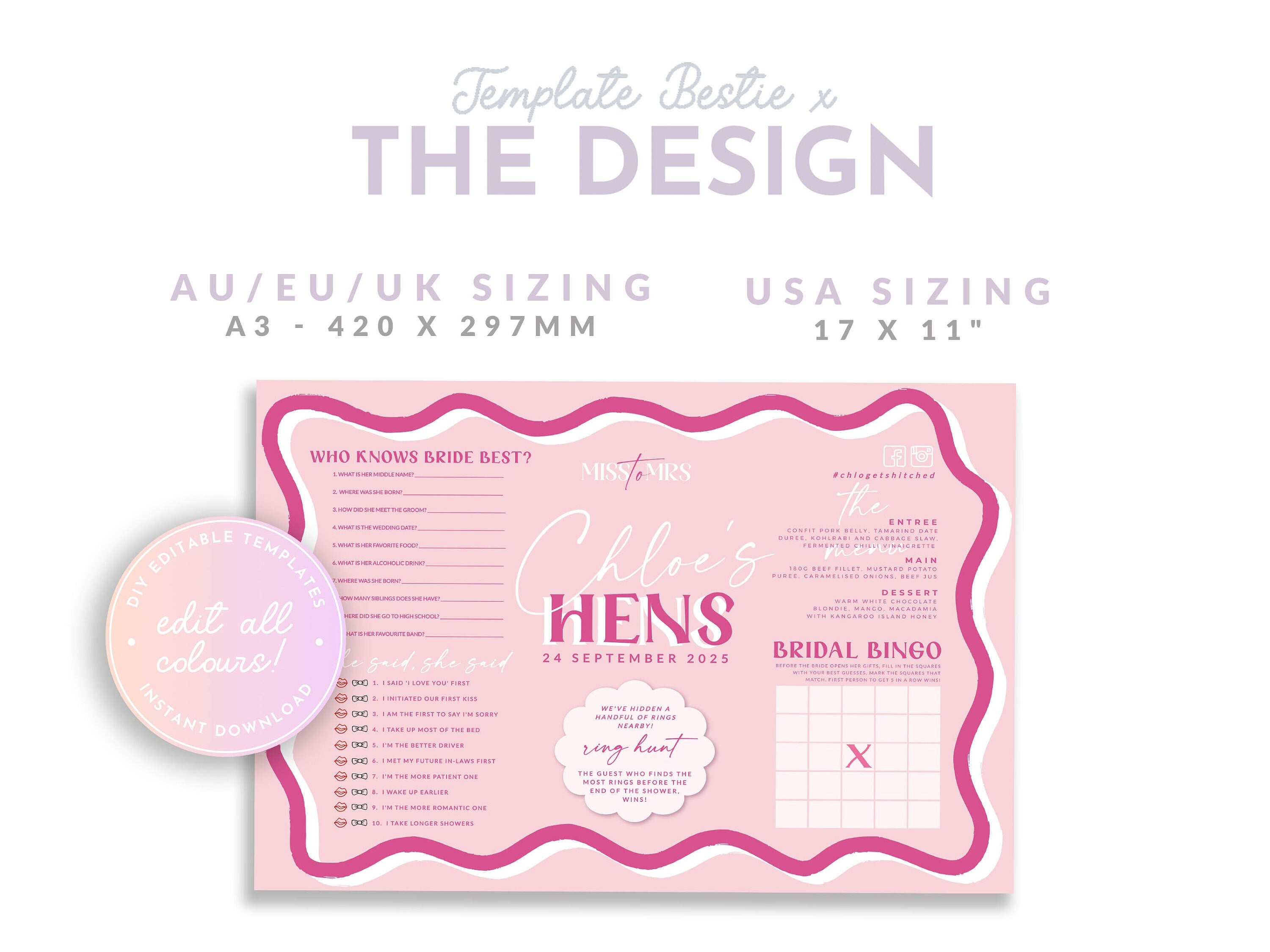 SONNY Bridal Shower Games Menu Placemat Template, Hen Menu Games, Bridal Shower template, Instant Download Editable Templett