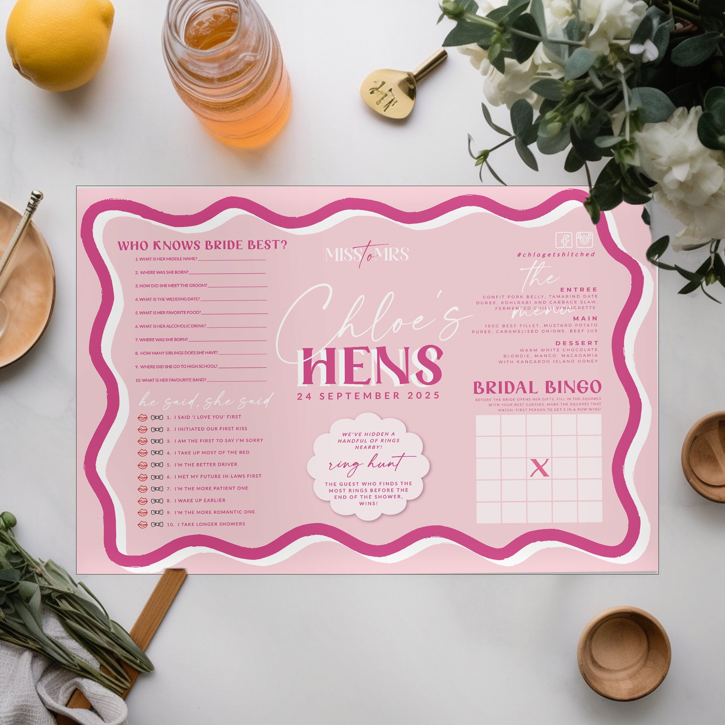 SONNY Bridal Shower Games Menu Placemat Template, Hen Menu Games, Bridal Shower template, Instant Download Editable Templett