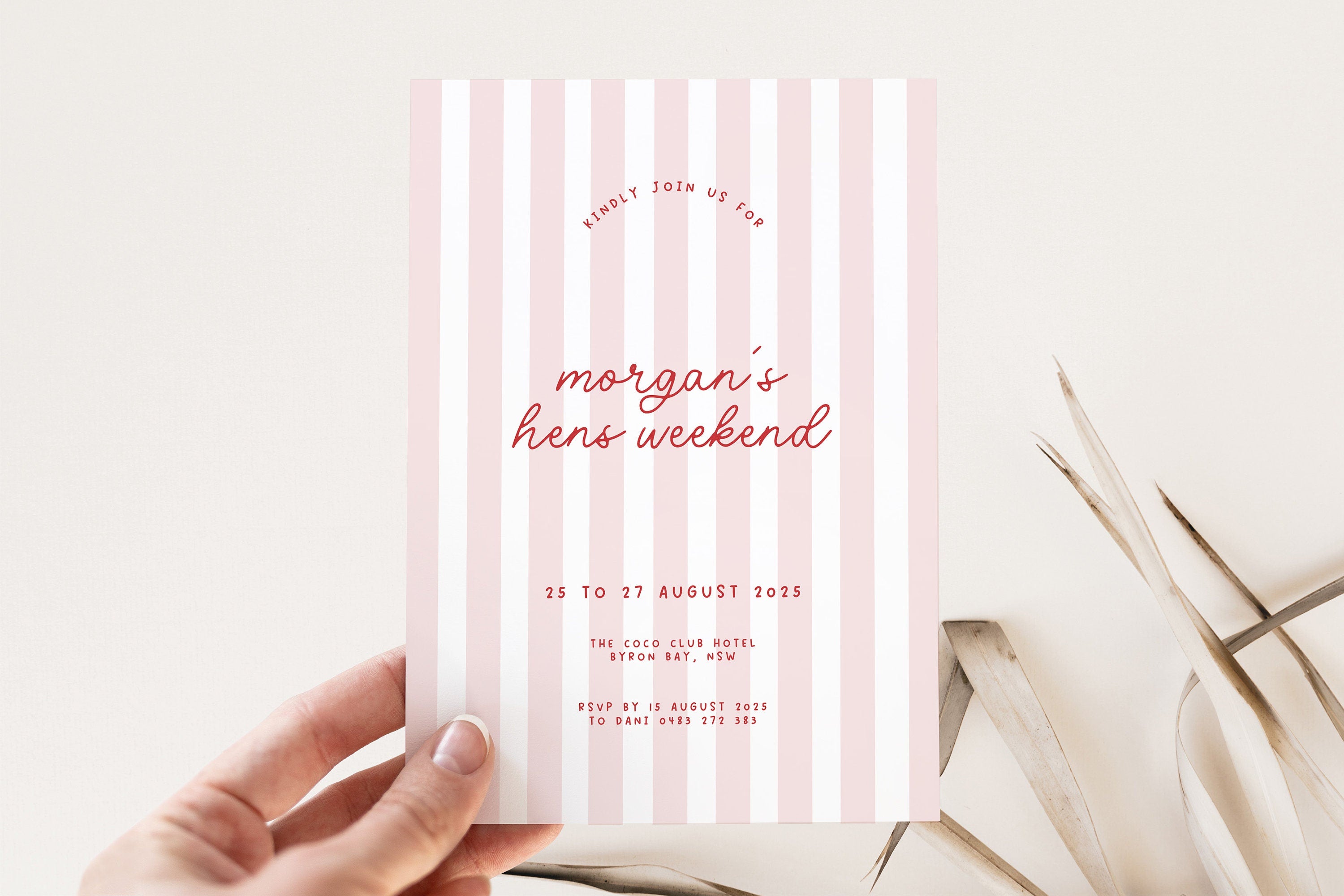 MINNIE Retro Pink Red Hens Party Weekend Invitation Template Download, Stripes Modern Invite, Editable Template Instant Download Templett