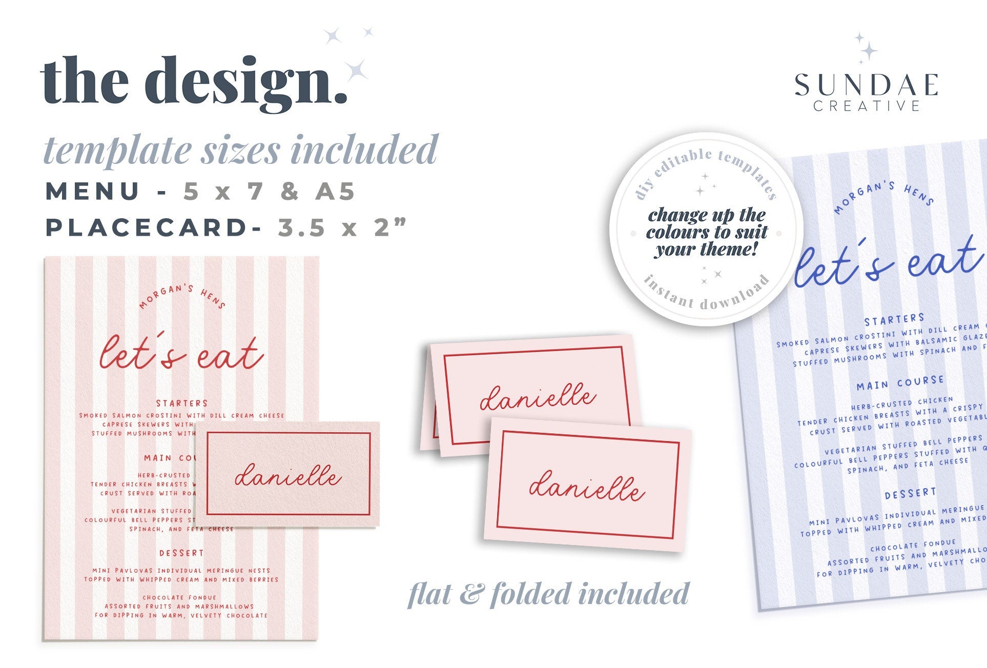 MINNIE Pink Retro Bridal Shower Menu Placecard Template Download, Stripes Menu Shower Invite, Editable Template Instant Download Templett