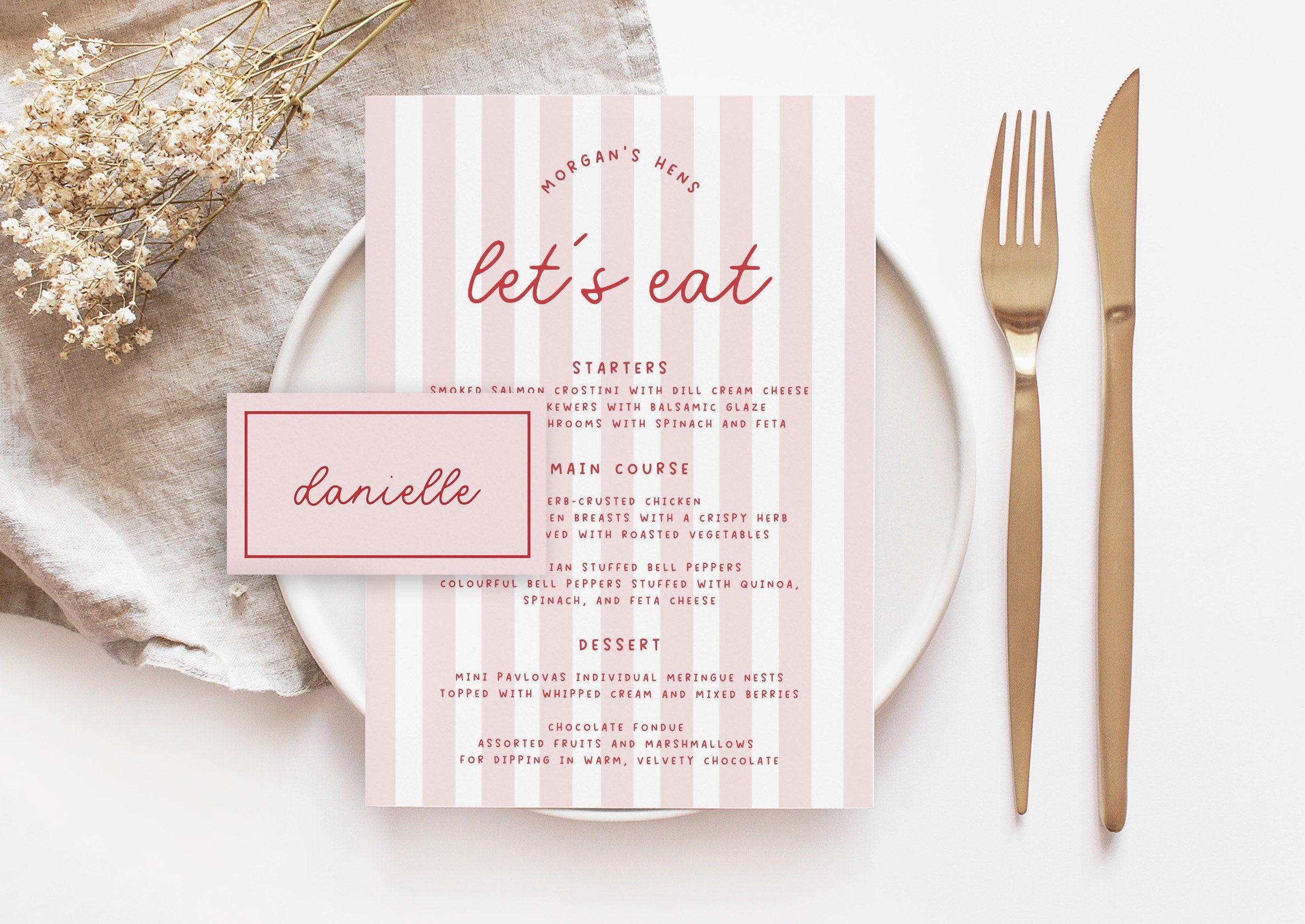 MINNIE Pink Retro Bridal Shower Menu Placecard Template Download, Stripes Menu Shower Invite, Editable Template Instant Download Templett