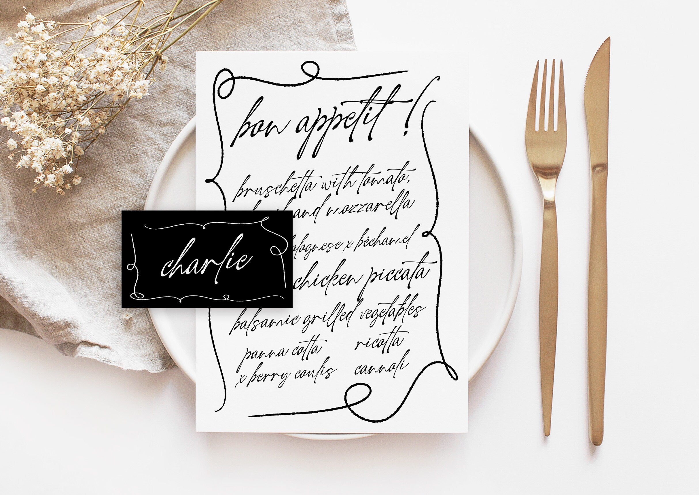 AYLA Modern Wedding Menu Placecard Template Download, Hand Drawn Driknks Guest Menu Template, Editable Template Instant Download Templett