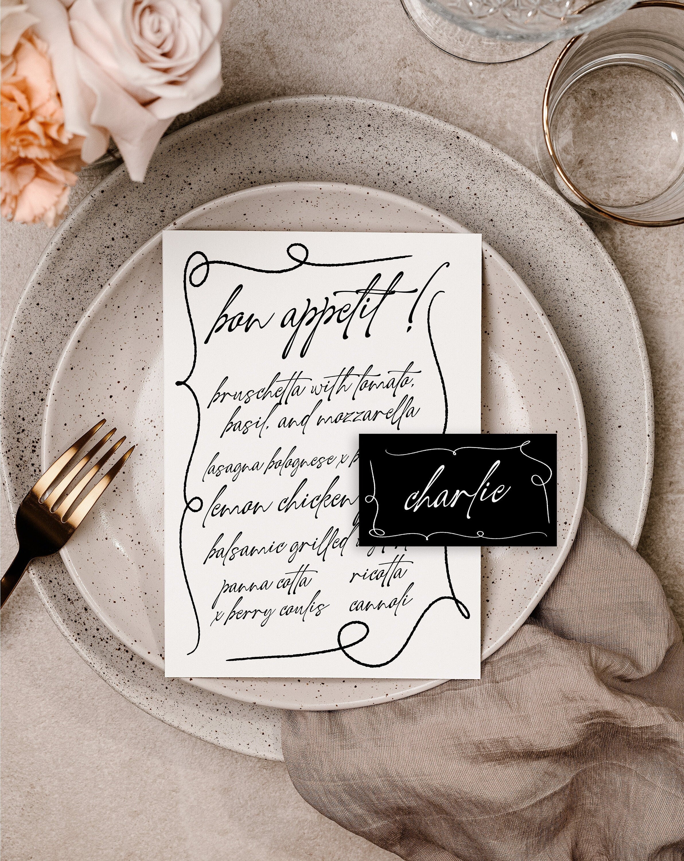 AYLA Modern Wedding Menu Placecard Template Download, Hand Drawn Driknks Guest Menu Template, Editable Template Instant Download Templett