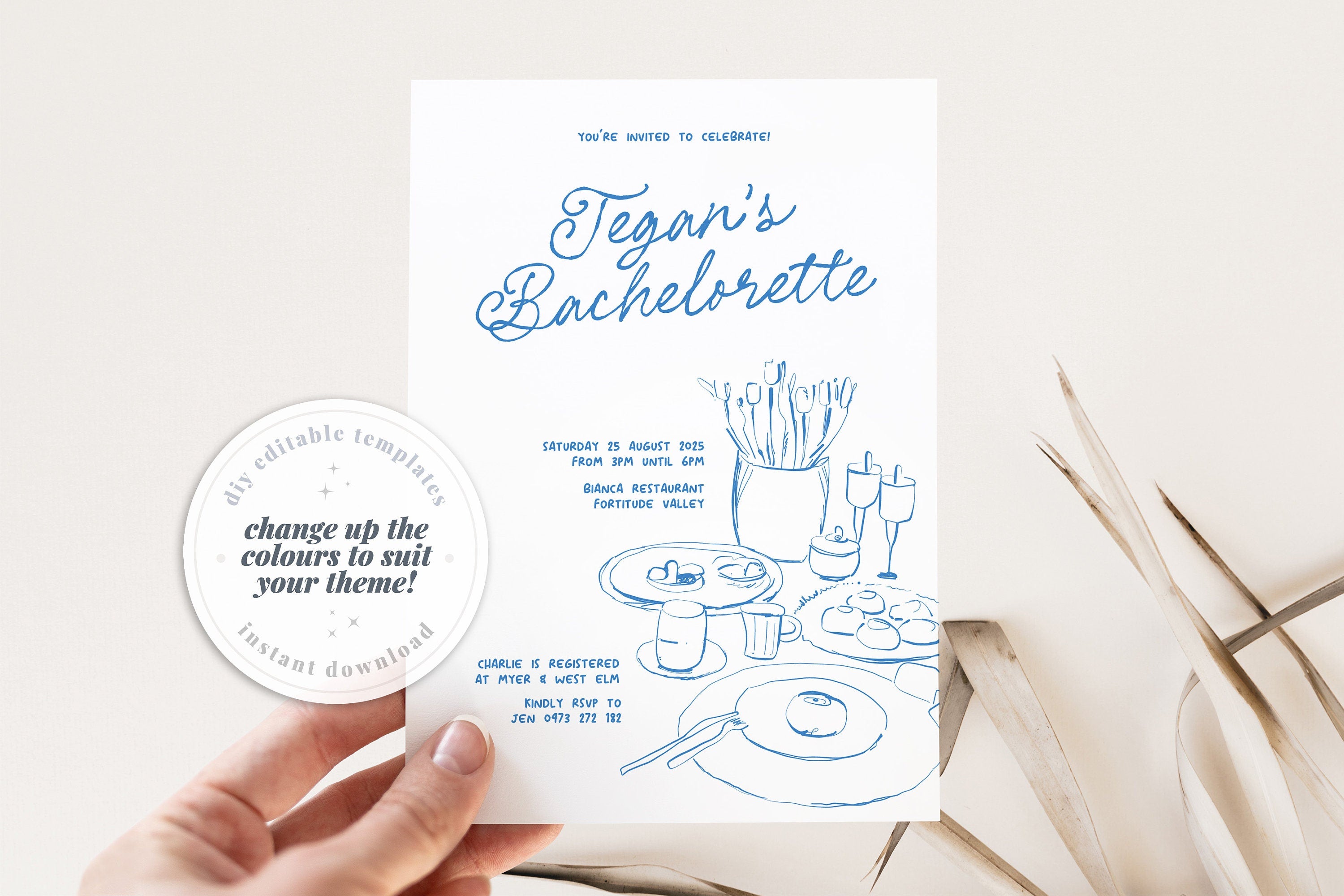 MACIE Fun Quirky Bachelorette Party Invitation Template, Hens Weekend Invite, Drawing Illustration, Editable Templett Download