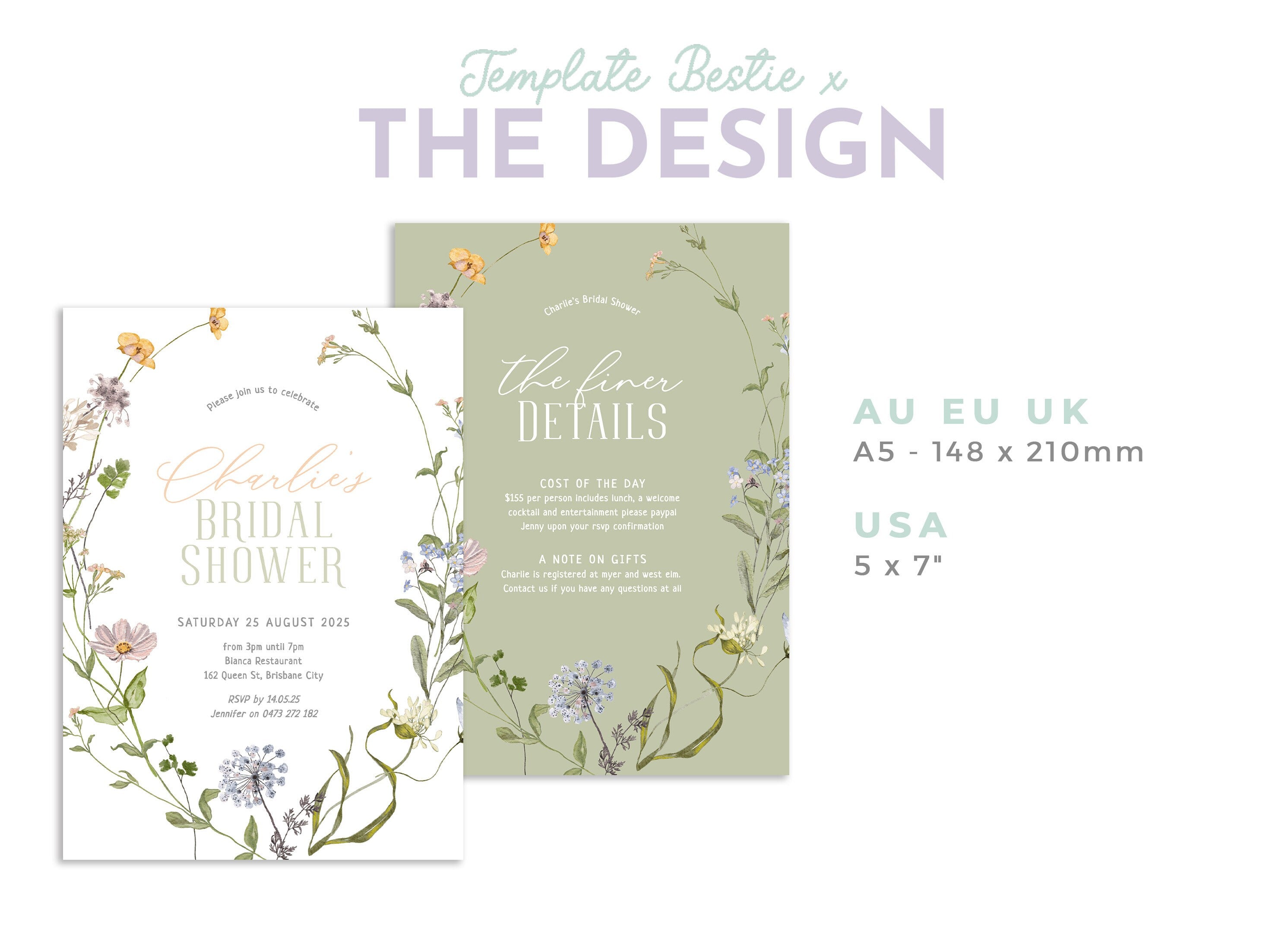 BETTY Floral Bridal Shower Invitation Template, Editable Printable Bridal Shower Invitation Card, Wildflower, Templett Instant Download