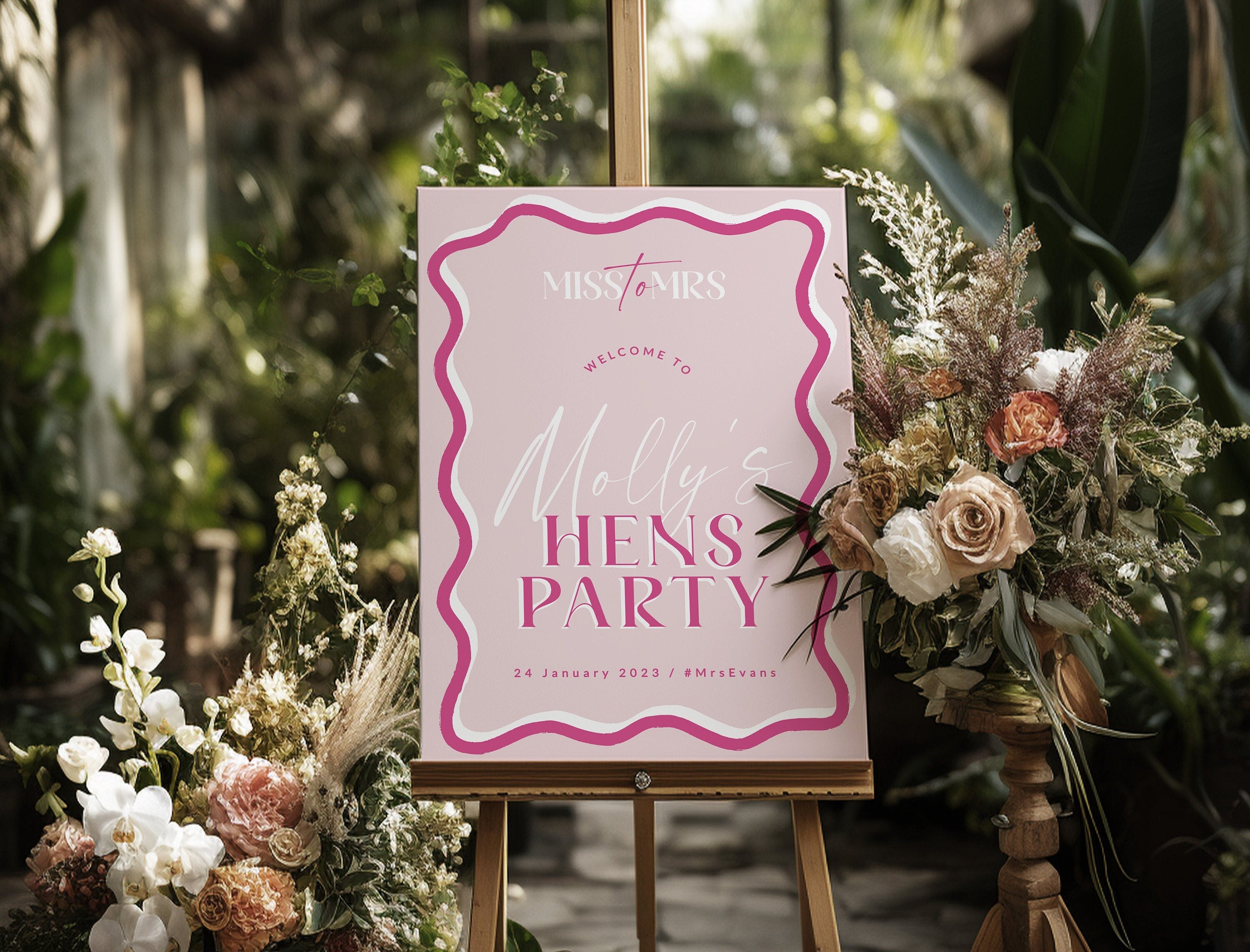 SONNY Hens Party welcome sign template, Pink Wavey bachelorette party, editable welcome template, templett instant download