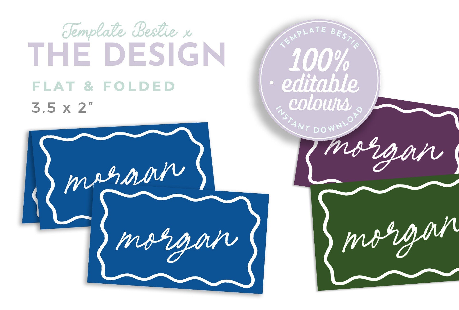 ELENI Blue Wave Wedding Placecard Template, Santorini Italy Instant Download Editable Guest Name Template, Wriggly Bridal Shower, Templett