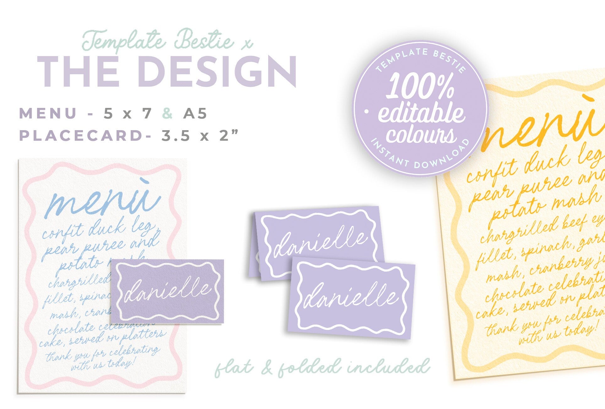 ELENI Fun Colourful Menu Placecard Template, Wavey Modern Instant Download Editable Menu Template, Wriggly Bridal Shower, Templett