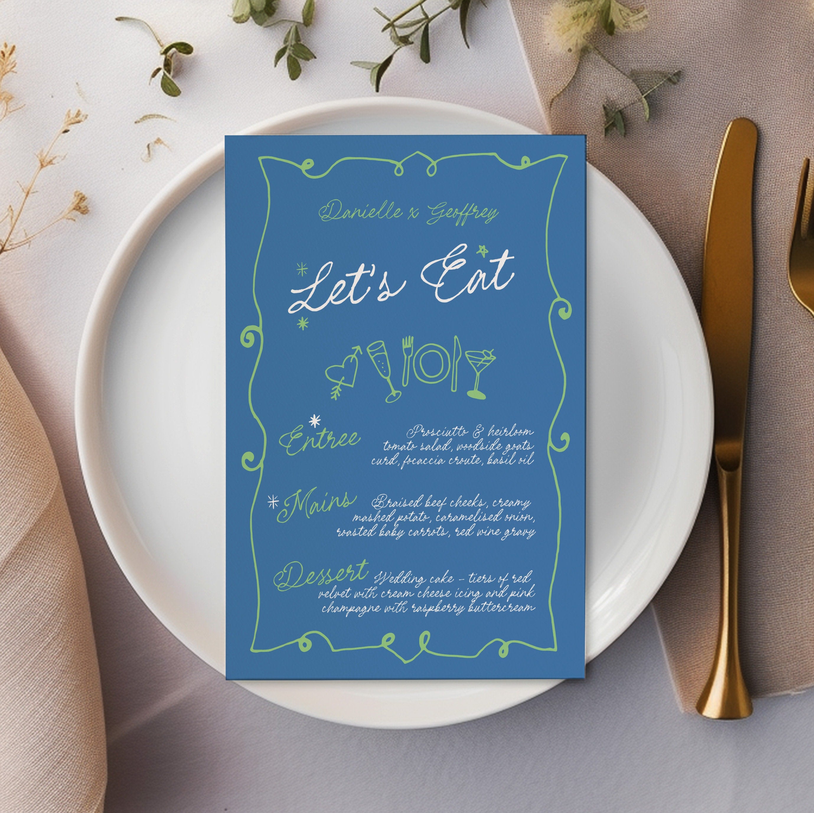 GEORGIE Modern Blue Wedding Menu Template, Dinner Drinks Bar Menu, Hand Drawn Scribble Illustration, Editable Templett Download