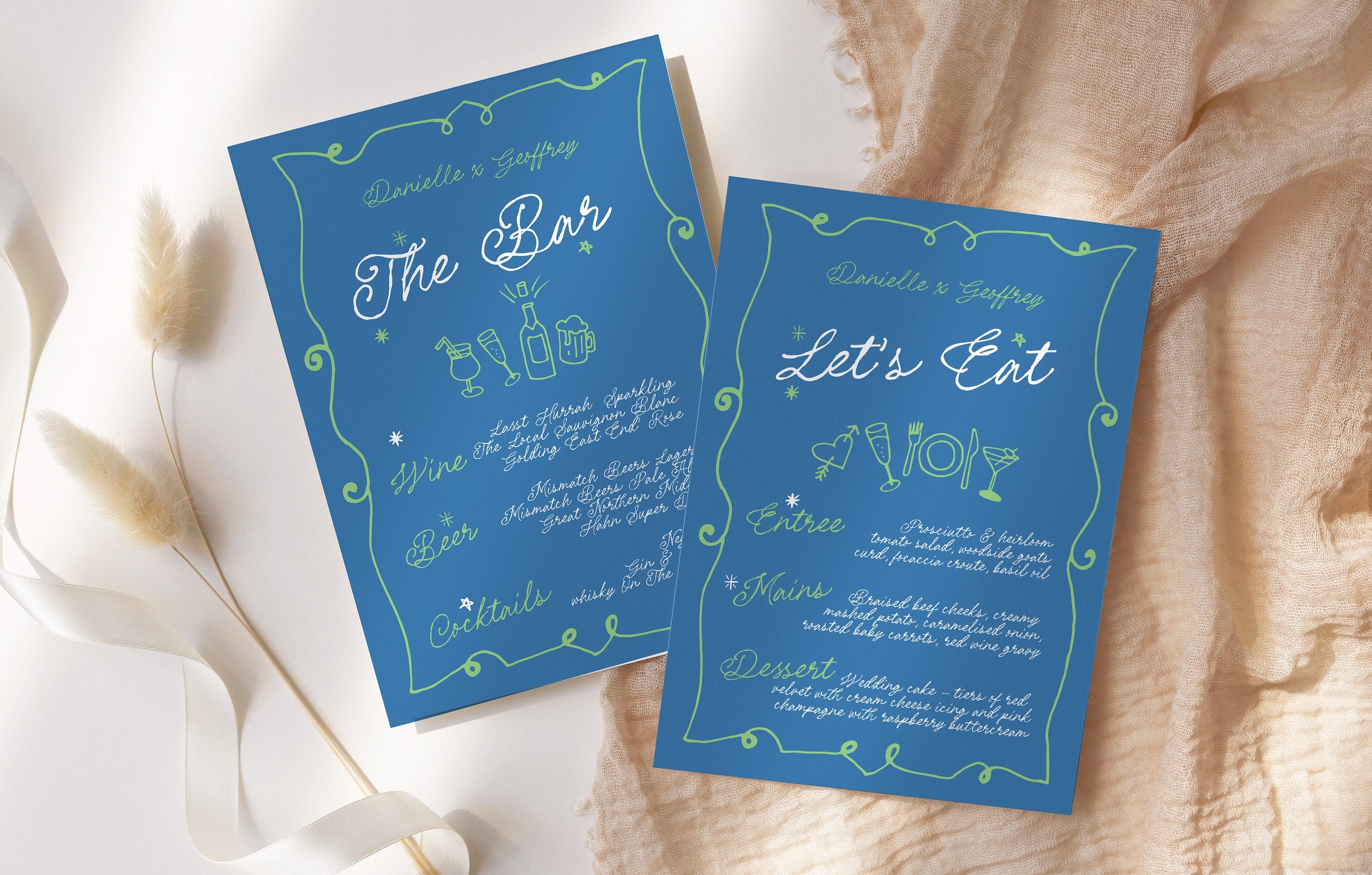 GEORGIE Modern Blue Wedding Menu Template, Dinner Drinks Bar Menu, Hand Drawn Scribble Illustration, Editable Templett Download