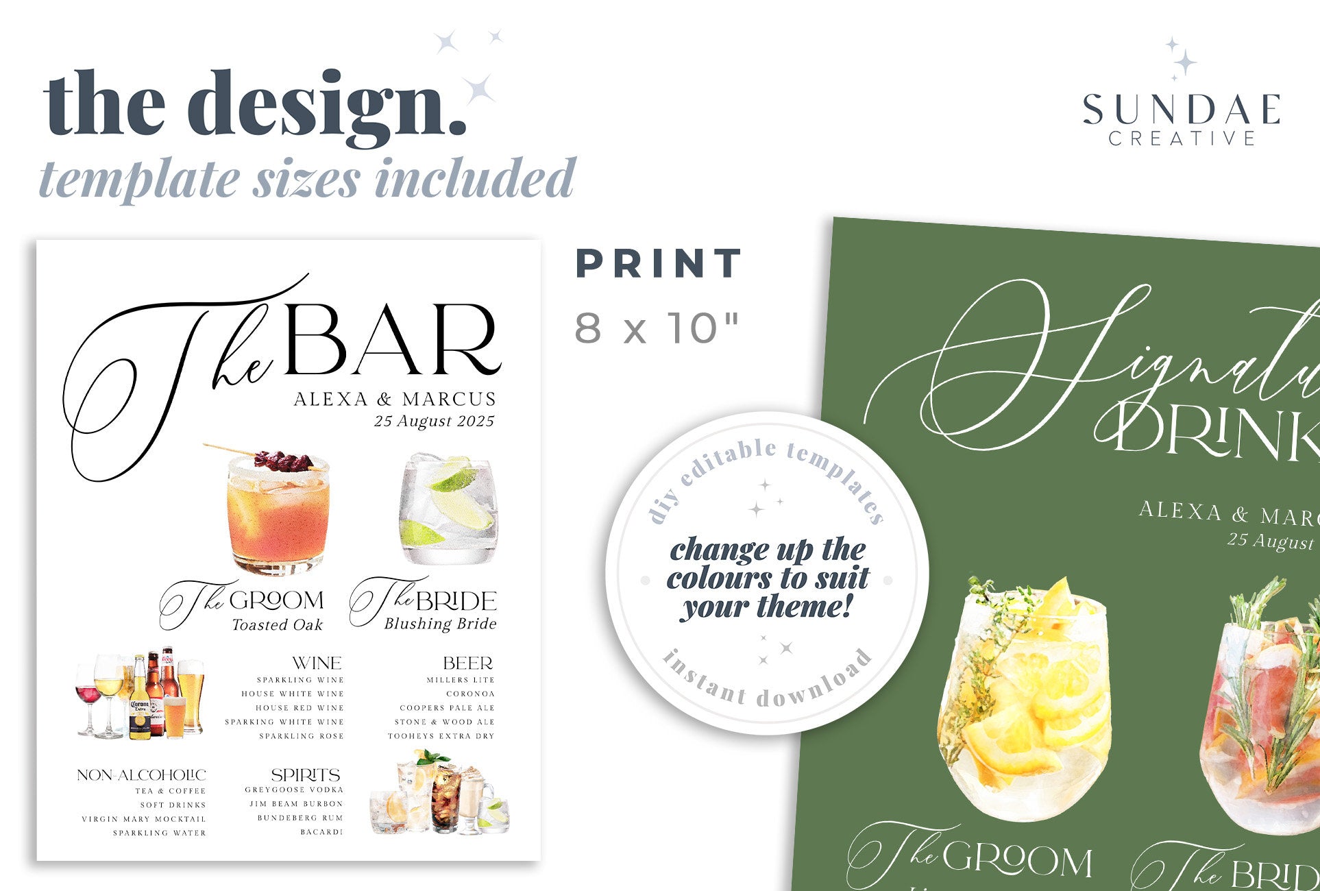 NELLA Signature Drink Bar Menu Sign, Minimalist Printable Bar Menu , Modern Editable Drink Menu Template, Templett Instant Download