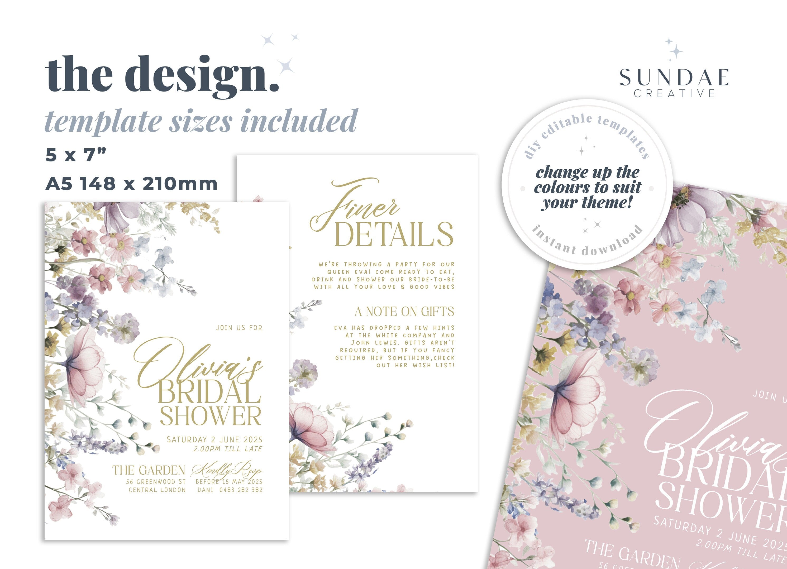 KELSY Wildflower Bridal Shower Invitation, Spring Floral Invitation, Bridal Shower Invitation template, Editable Templett Download