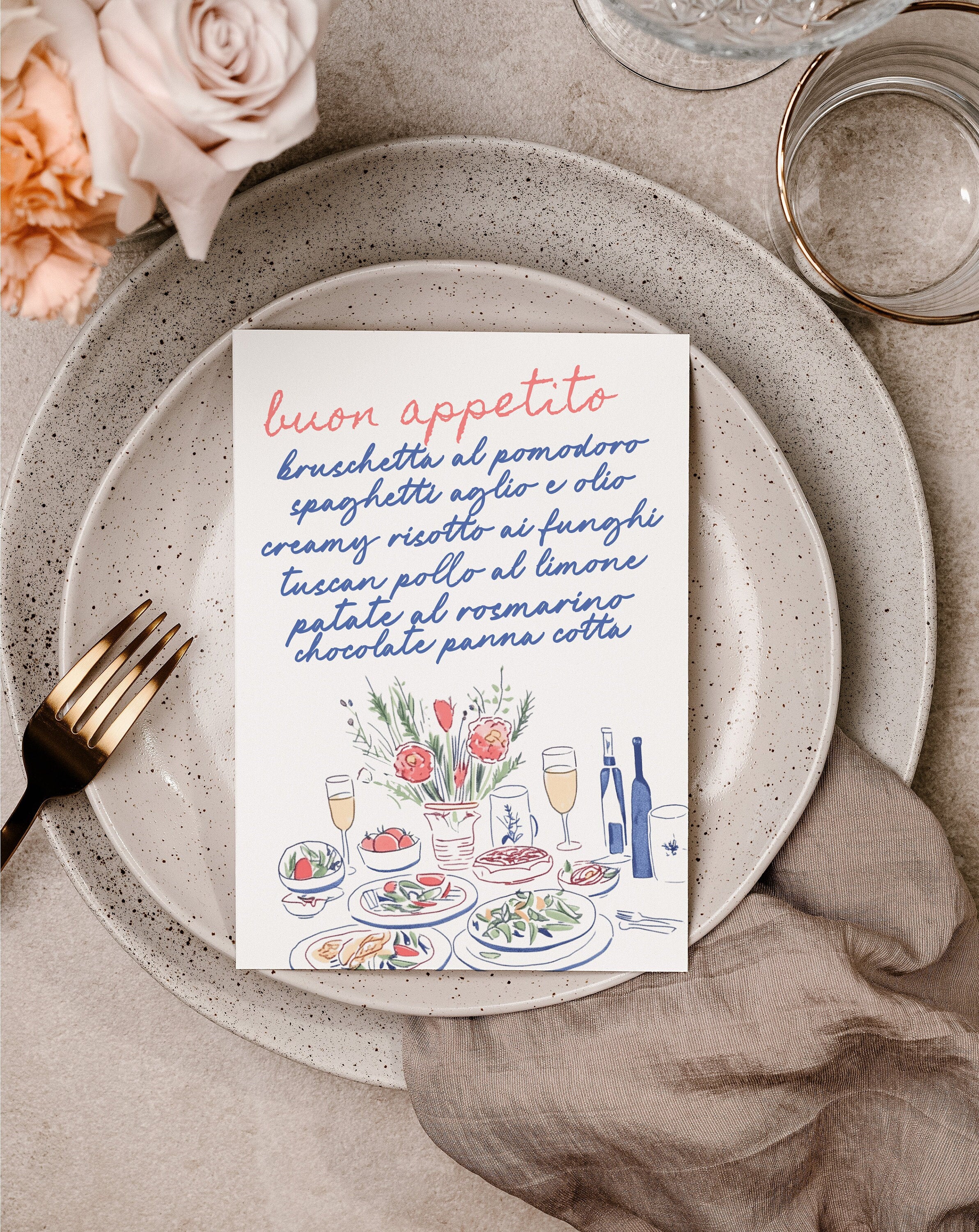 TOSCANO Wedding Menu, Hand drawn & Handwritten scribble illustrated Whimsical Wedding Menu, Instant Download Templett