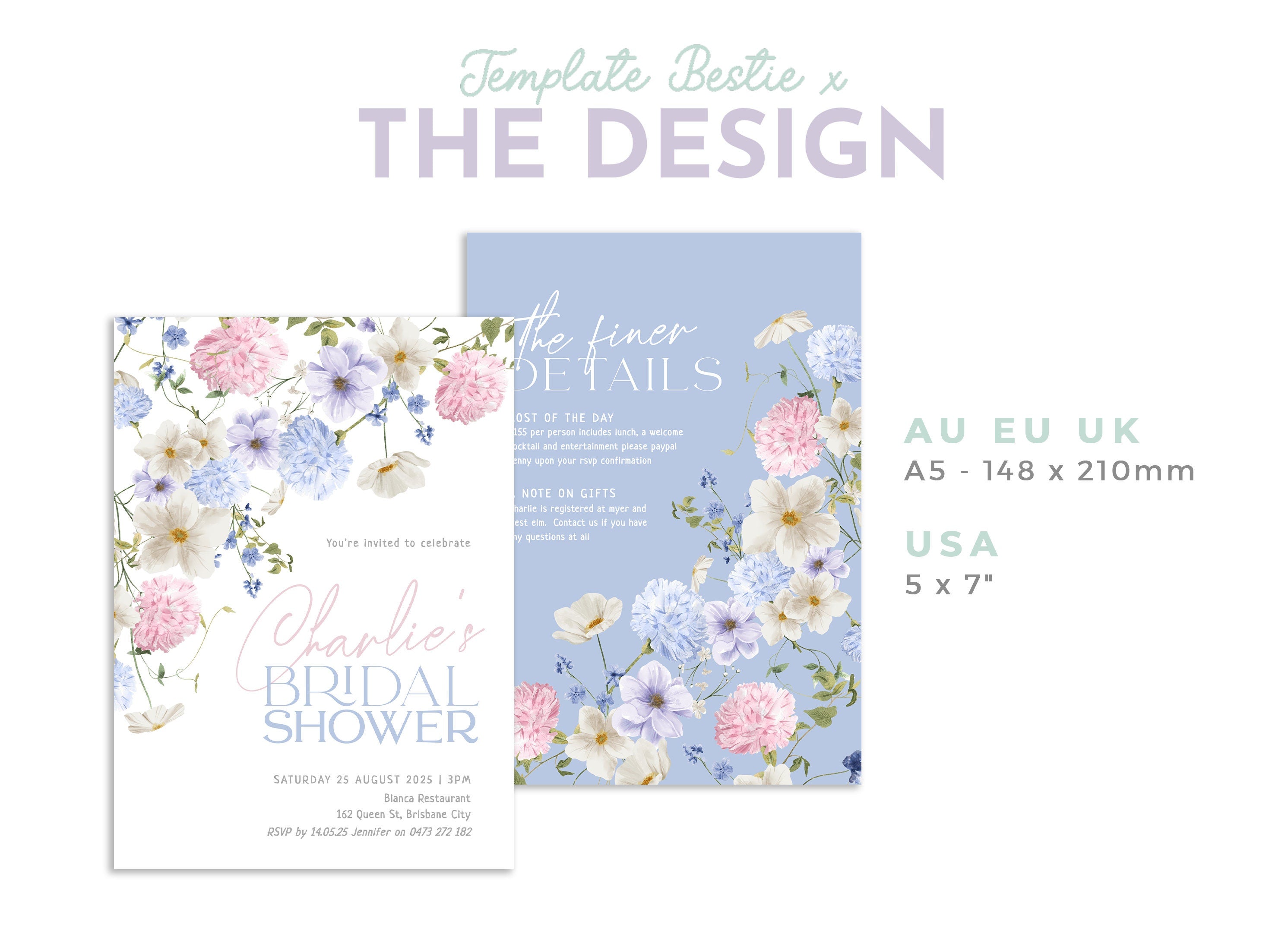 BIANCA Modern Editable Bridal Shower Invitation Template, Bridal Shower, Printable Invitation template, Instant Download Editable Templett