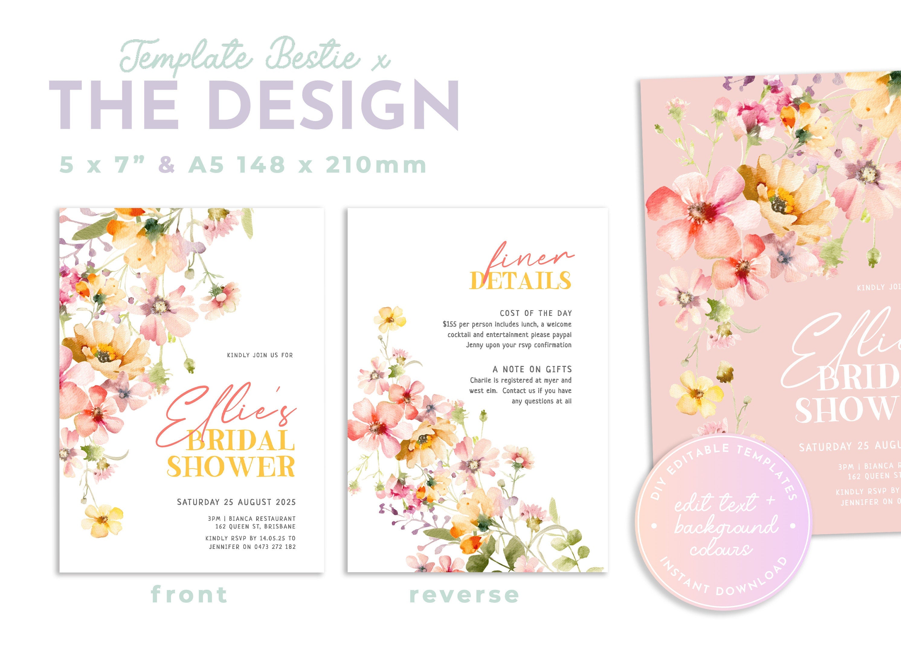 DAPHNE Spring Floral Bridal Shower Invitation Template, Colourful Bridal Shower, Printable template, Instant Download Editable Templett