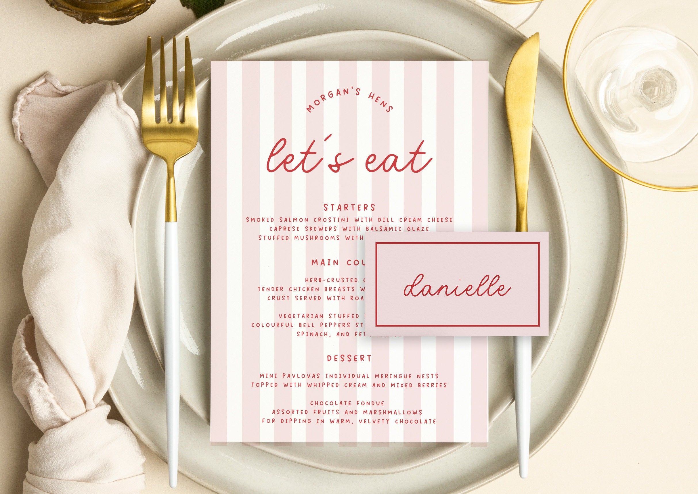 MINNIE Pink Retro Bridal Shower Menu Placecard Template Download, Stripes Menu Shower Invite, Editable Template Instant Download Templett