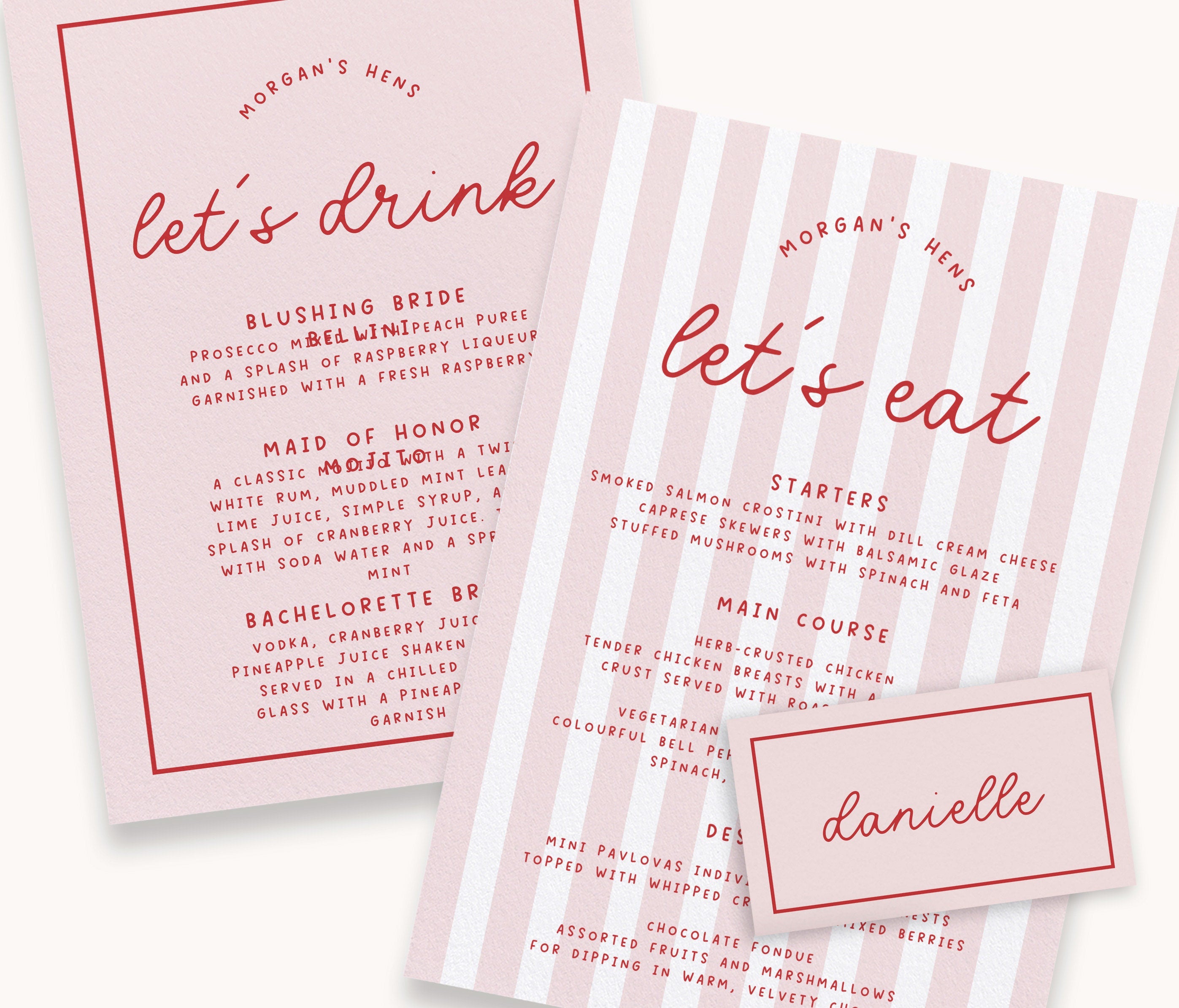 MINNIE Pink Retro Bridal Shower Menu Placecard Template Download, Stripes Menu Shower Invite, Editable Template Instant Download Templett