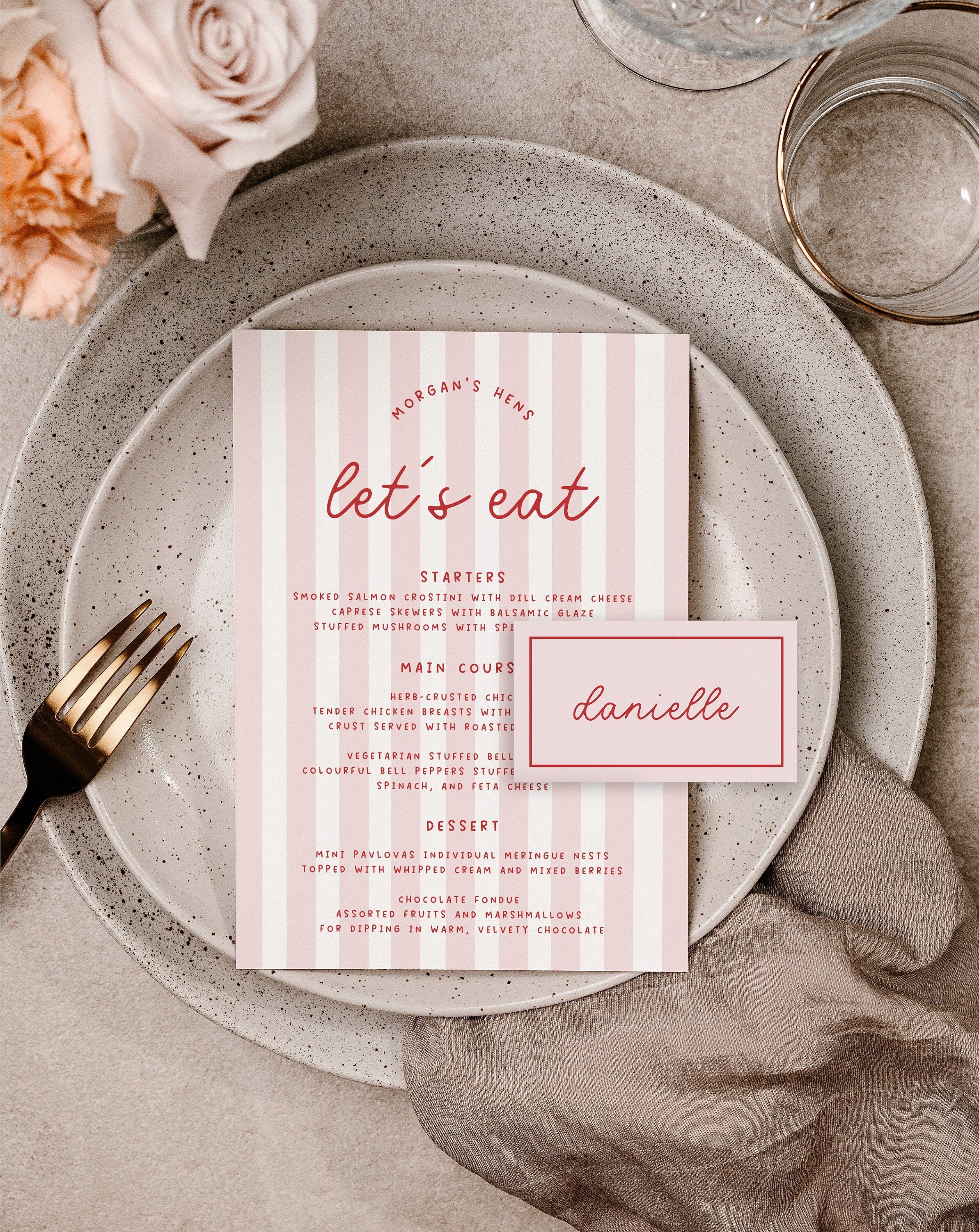MINNIE Pink Retro Bridal Shower Menu Placecard Template Download, Stripes Menu Shower Invite, Editable Template Instant Download Templett