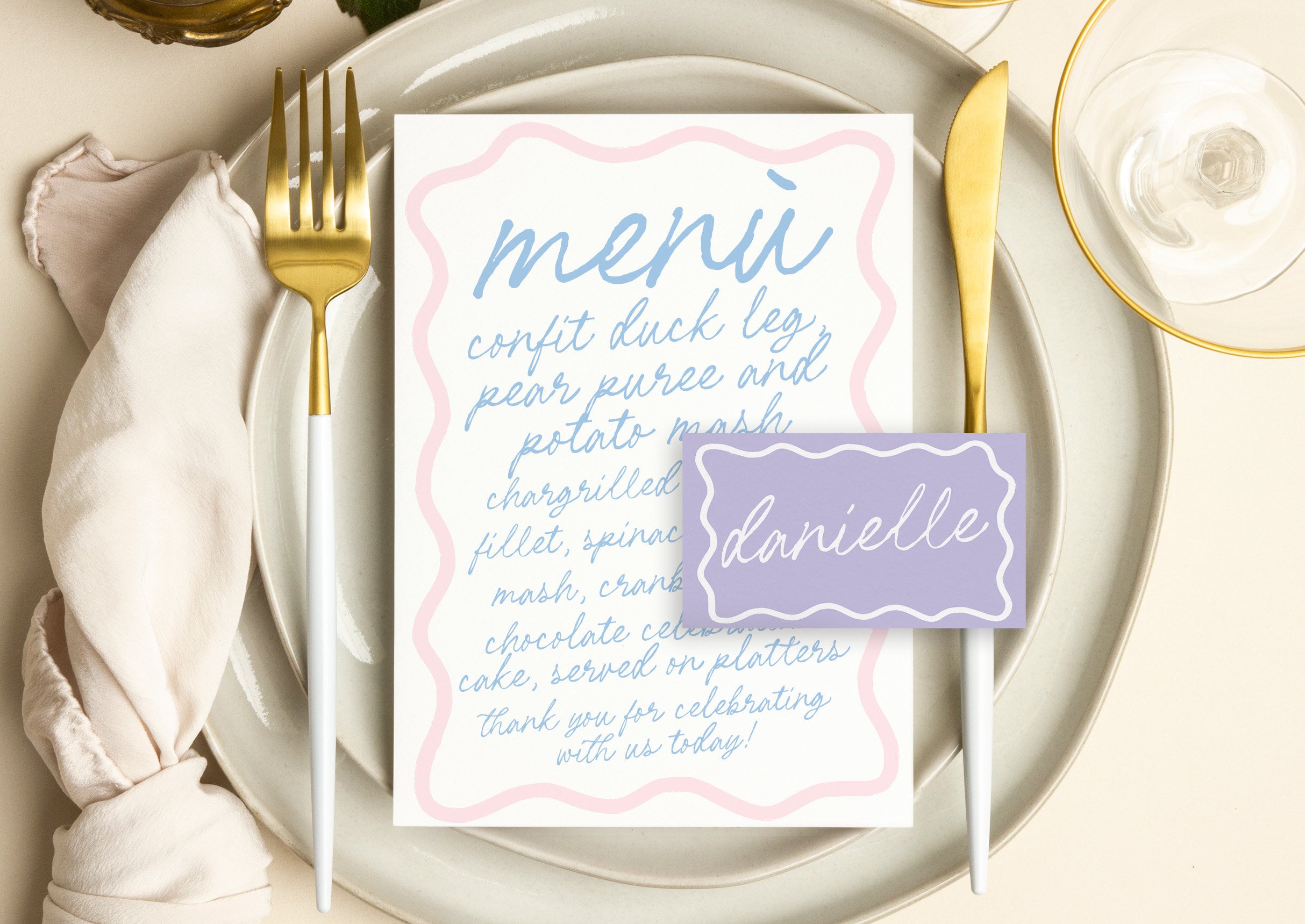 ELENI Fun Colourful Menu Placecard Template, Wavey Modern Instant Download Editable Menu Template, Wriggly Bridal Shower, Templett