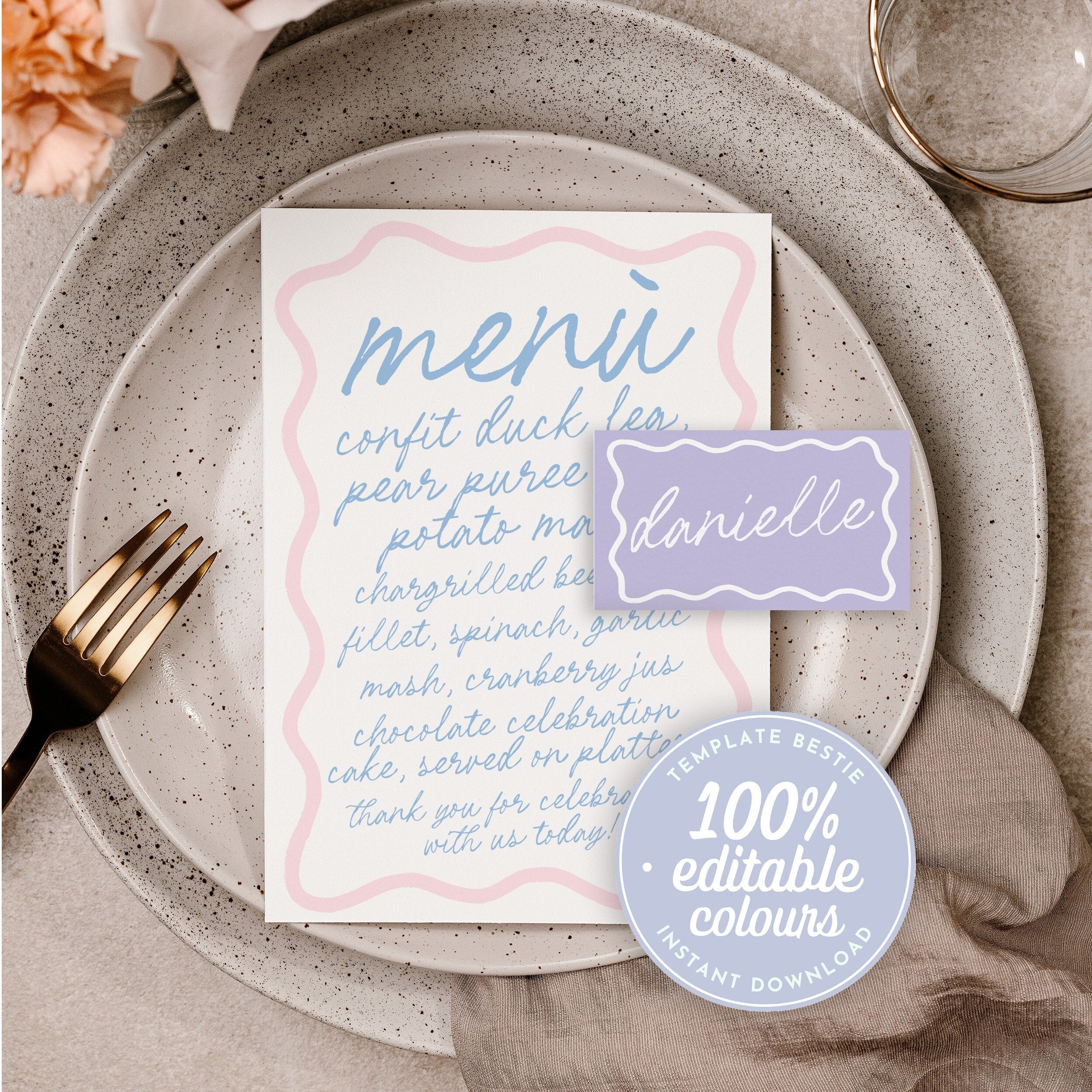 ELENI Fun Colourful Menu Placecard Template, Wavey Modern Instant Download Editable Menu Template, Wriggly Bridal Shower, Templett