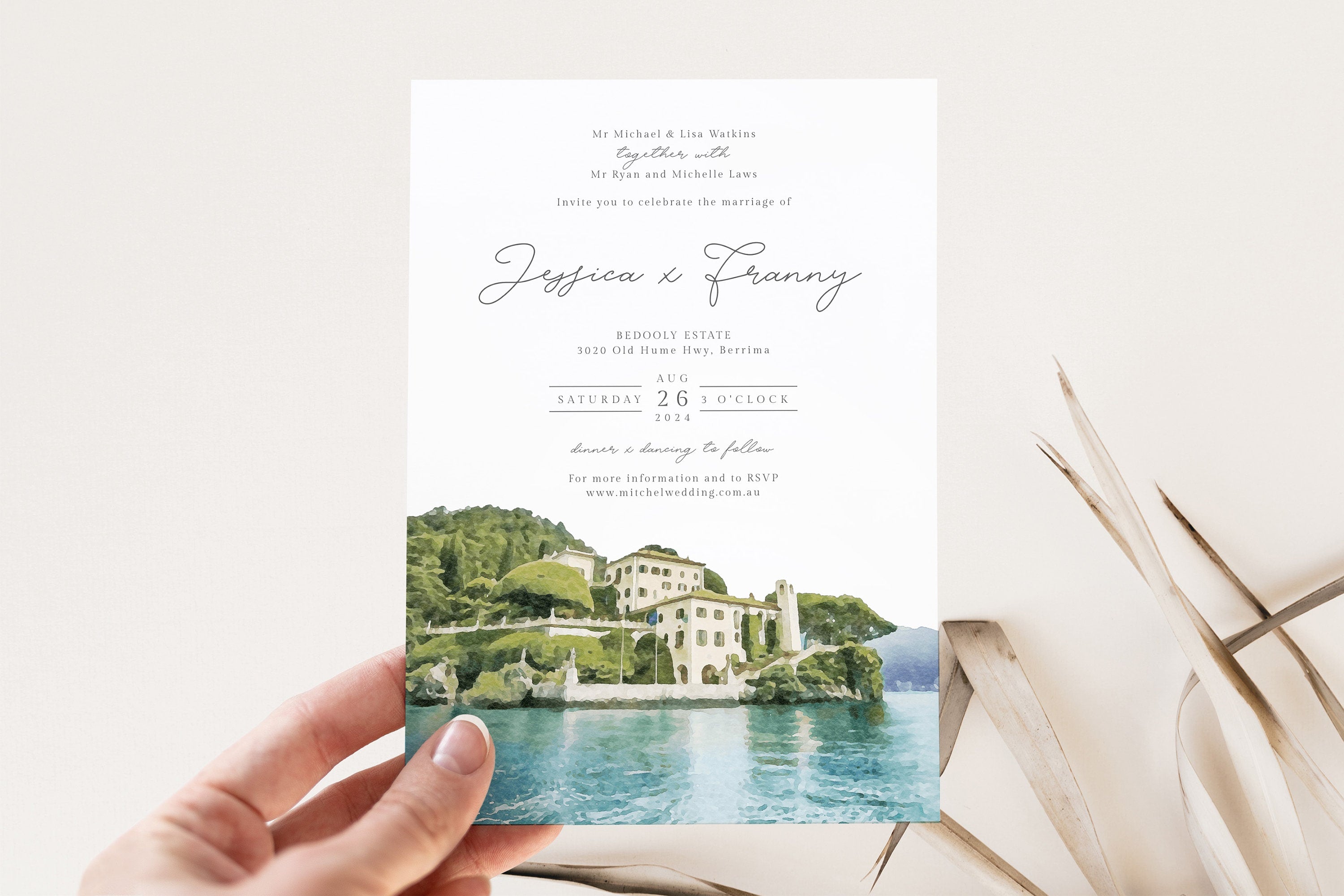 TAYLA Custom Wedding Invitation Watercolor Venue, Editable Invitation Set, Watercolor Italy Wedding Venue Portrait, Wedding Church Portrait