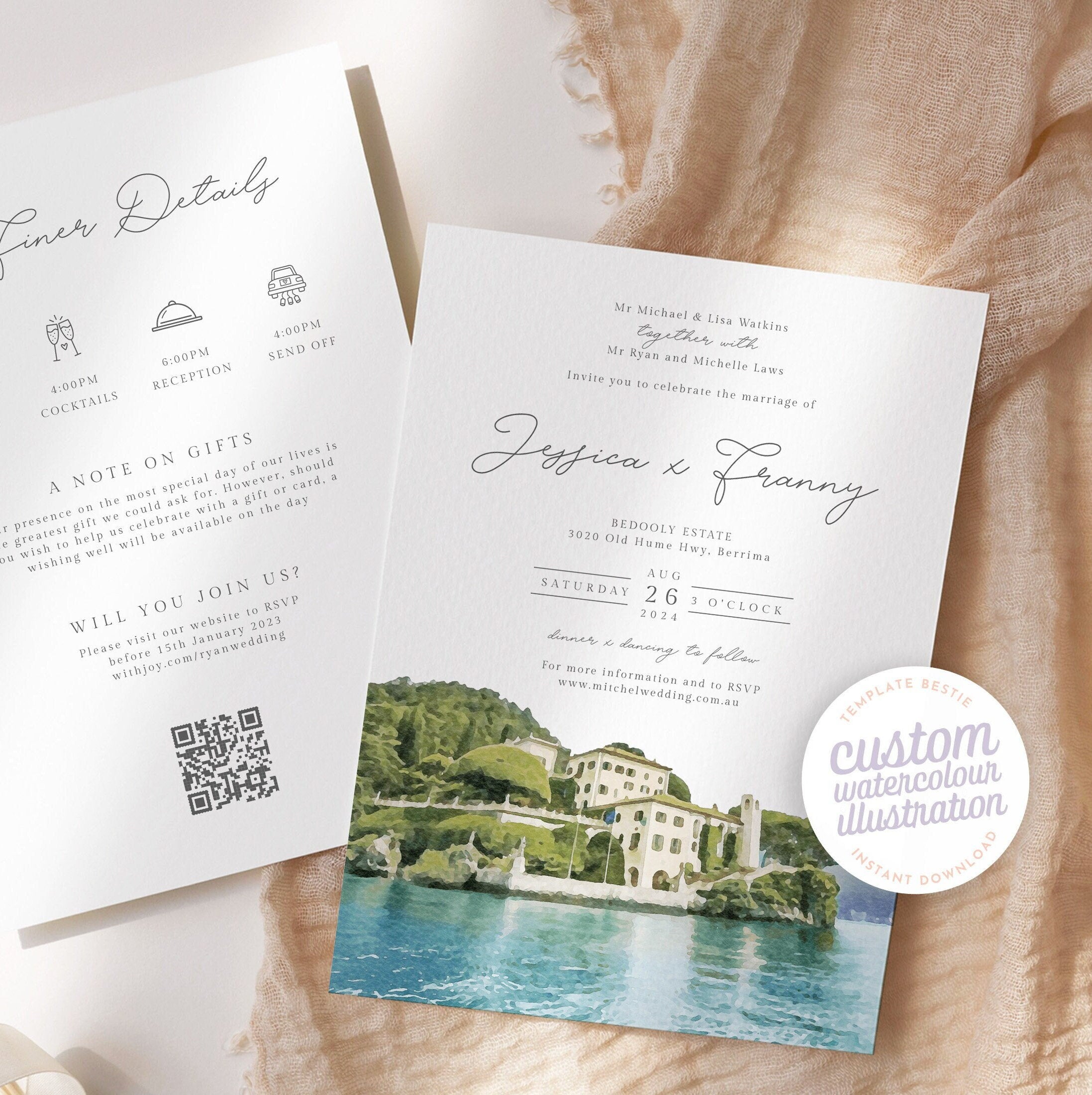 TAYLA Custom Wedding Invitation Watercolor Venue, Editable Invitation Set, Watercolor Italy Wedding Venue Portrait, Wedding Church Portrait