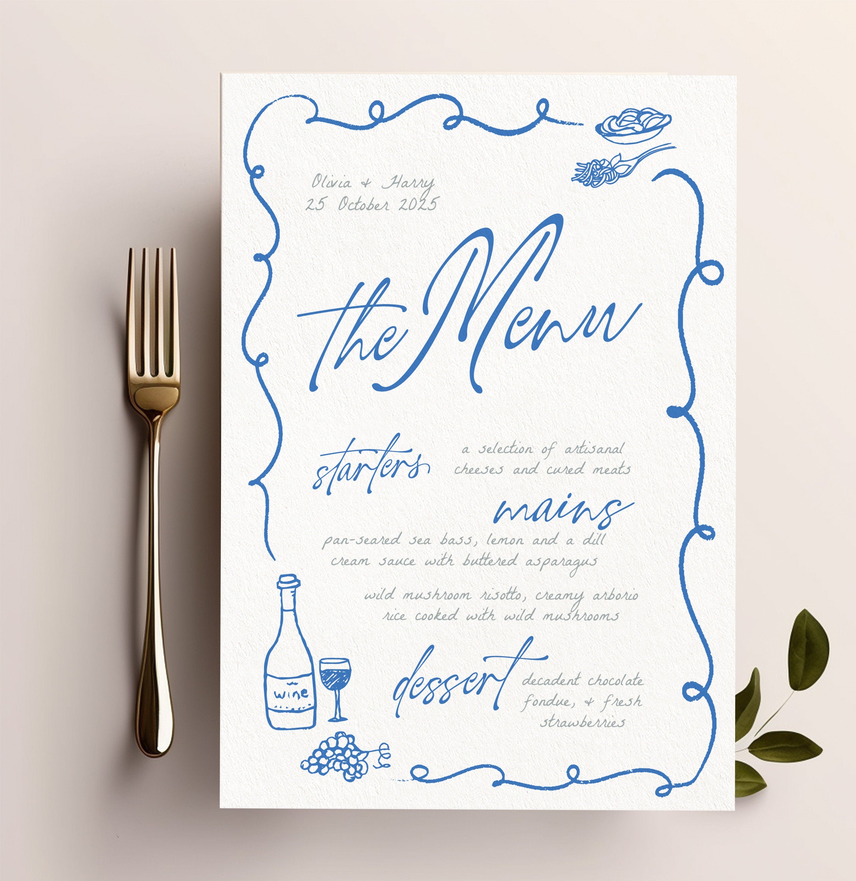 VINO Hand drawn Editable Wedding Menu template, Hand drawn scribble illustrated Fun Wedding Menu, Instant Download Templett