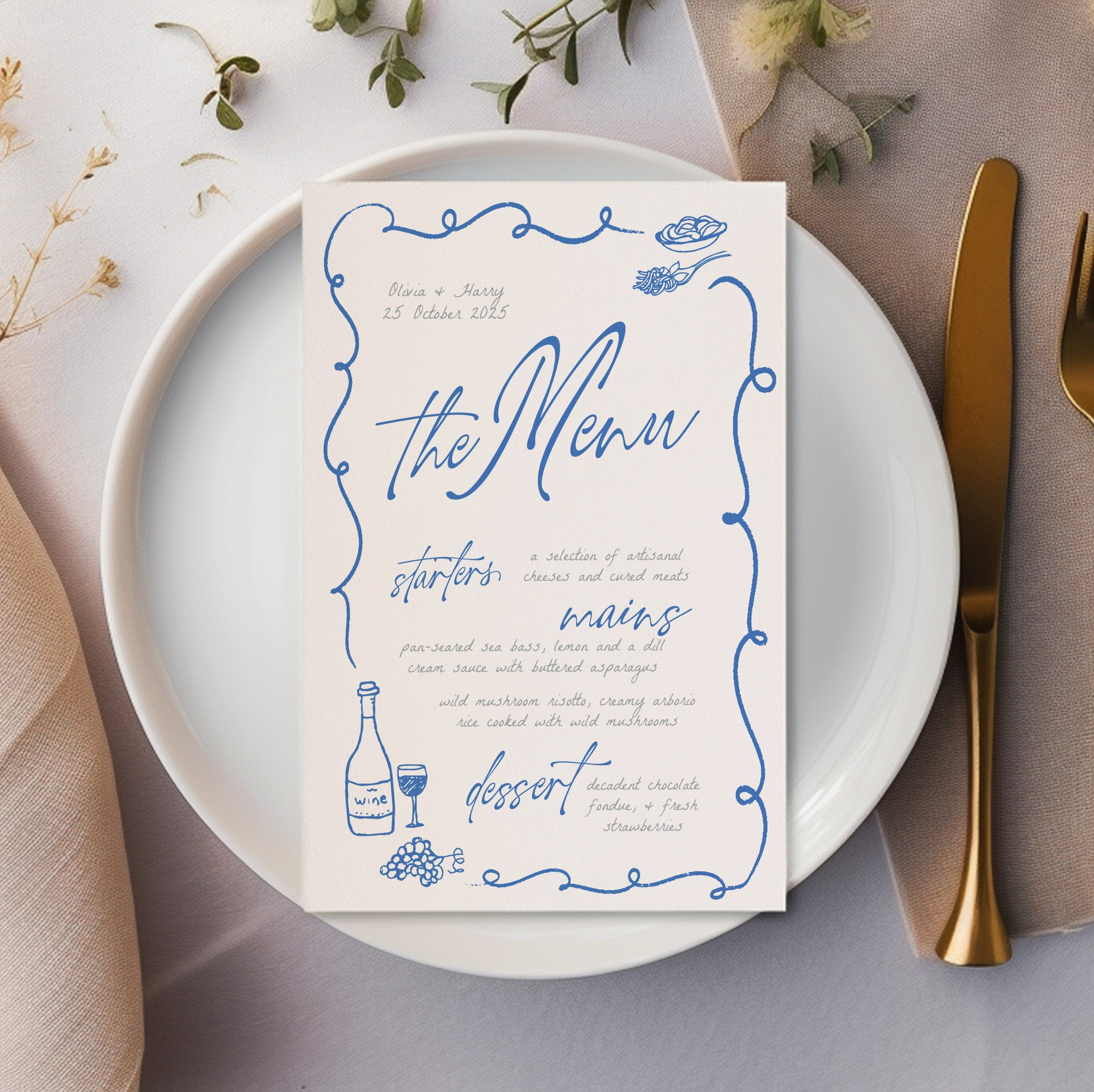 VINO Hand drawn Editable Wedding Menu template, Hand drawn scribble illustrated Fun Wedding Menu, Instant Download Templett