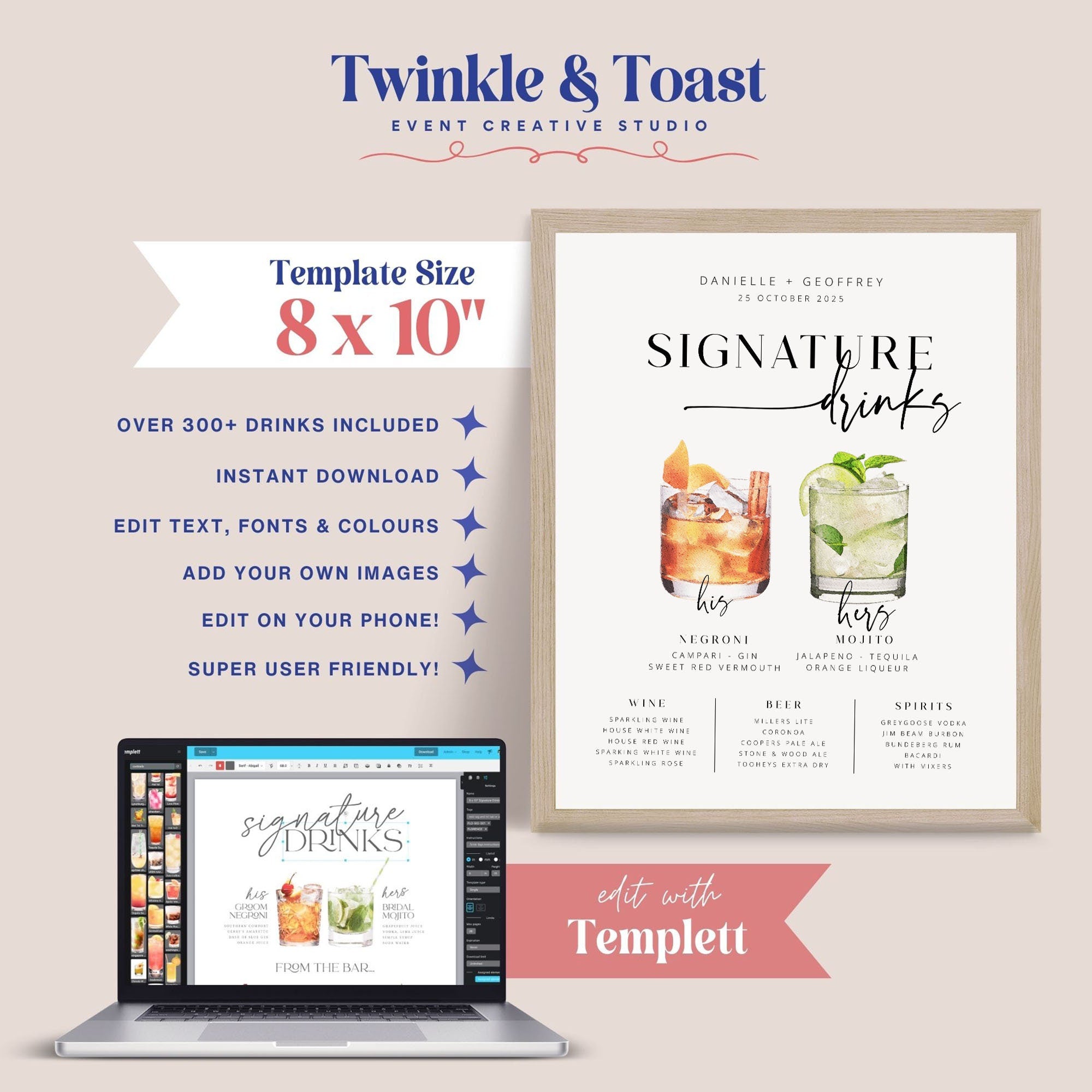 Editable Wedding Signature Drinks Template, Cocktail Bar Sign template, Printable Signature Drinks Menu, templett instant download BRI:001