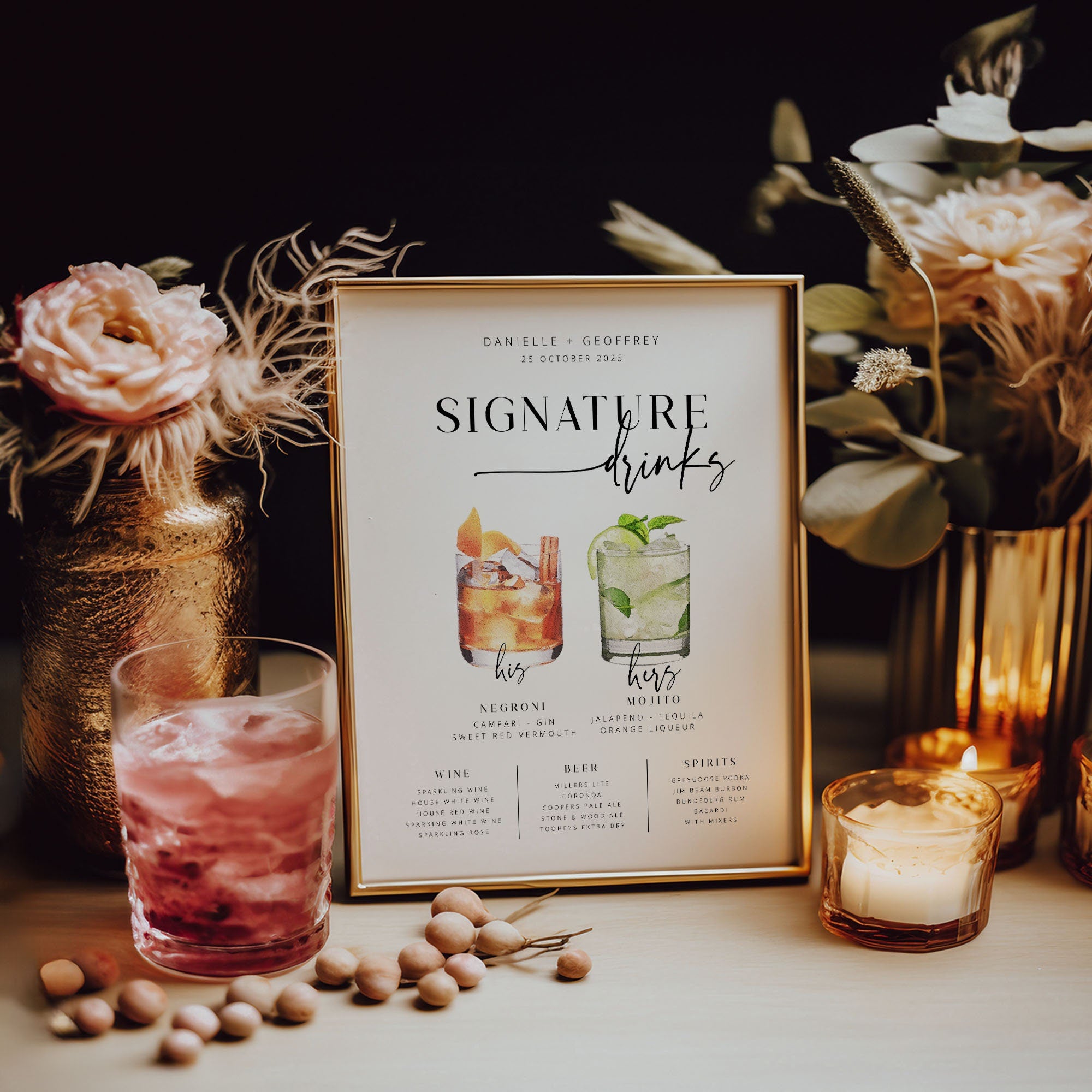 Editable Wedding Signature Drinks Template, Cocktail Bar Sign template, Printable Signature Drinks Menu, templett instant download BRI:001