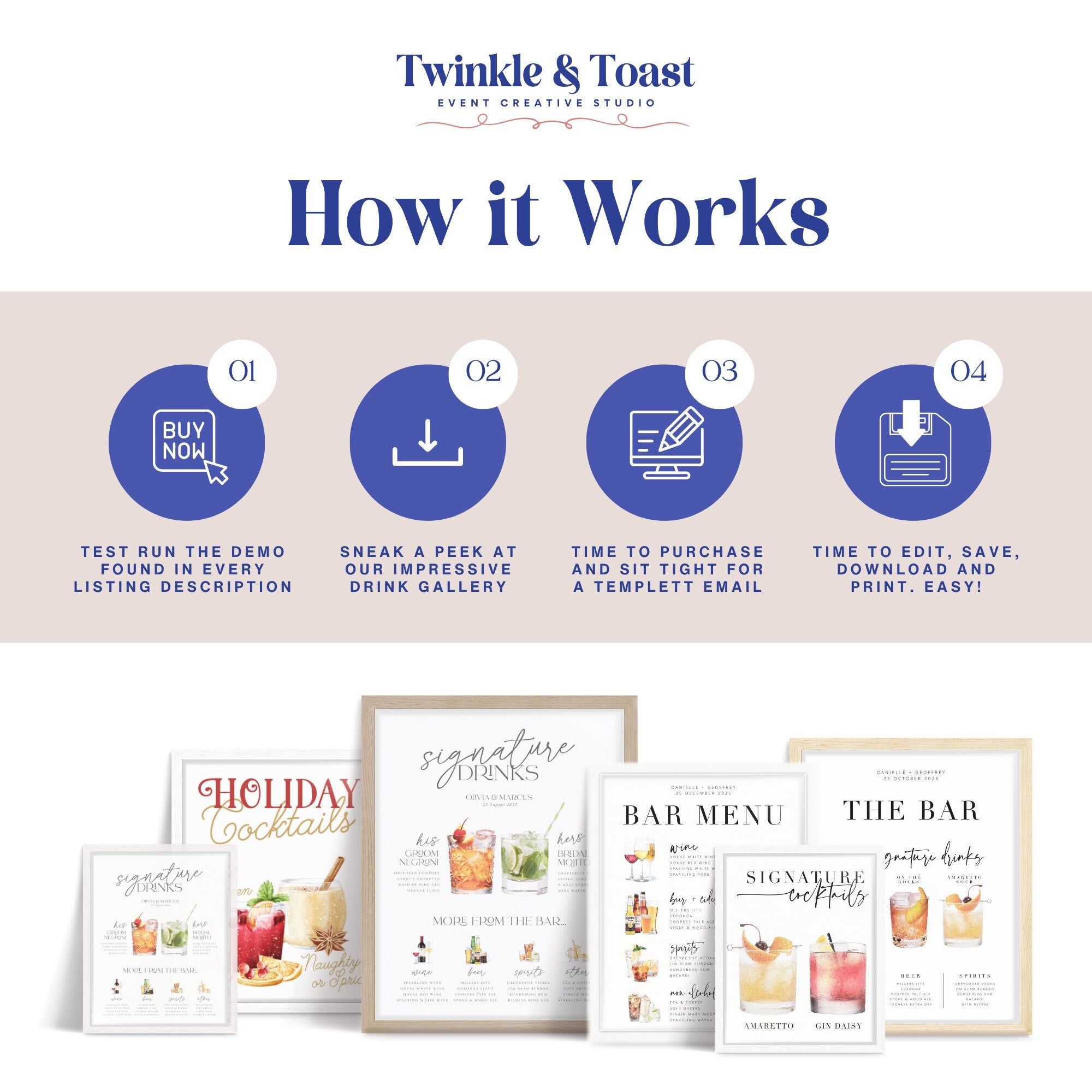 Modern Wedding Signature Drinks Menu, Cocktail Bar Sign template, Printable Signature Drinks Menu, templett instant download FLO
