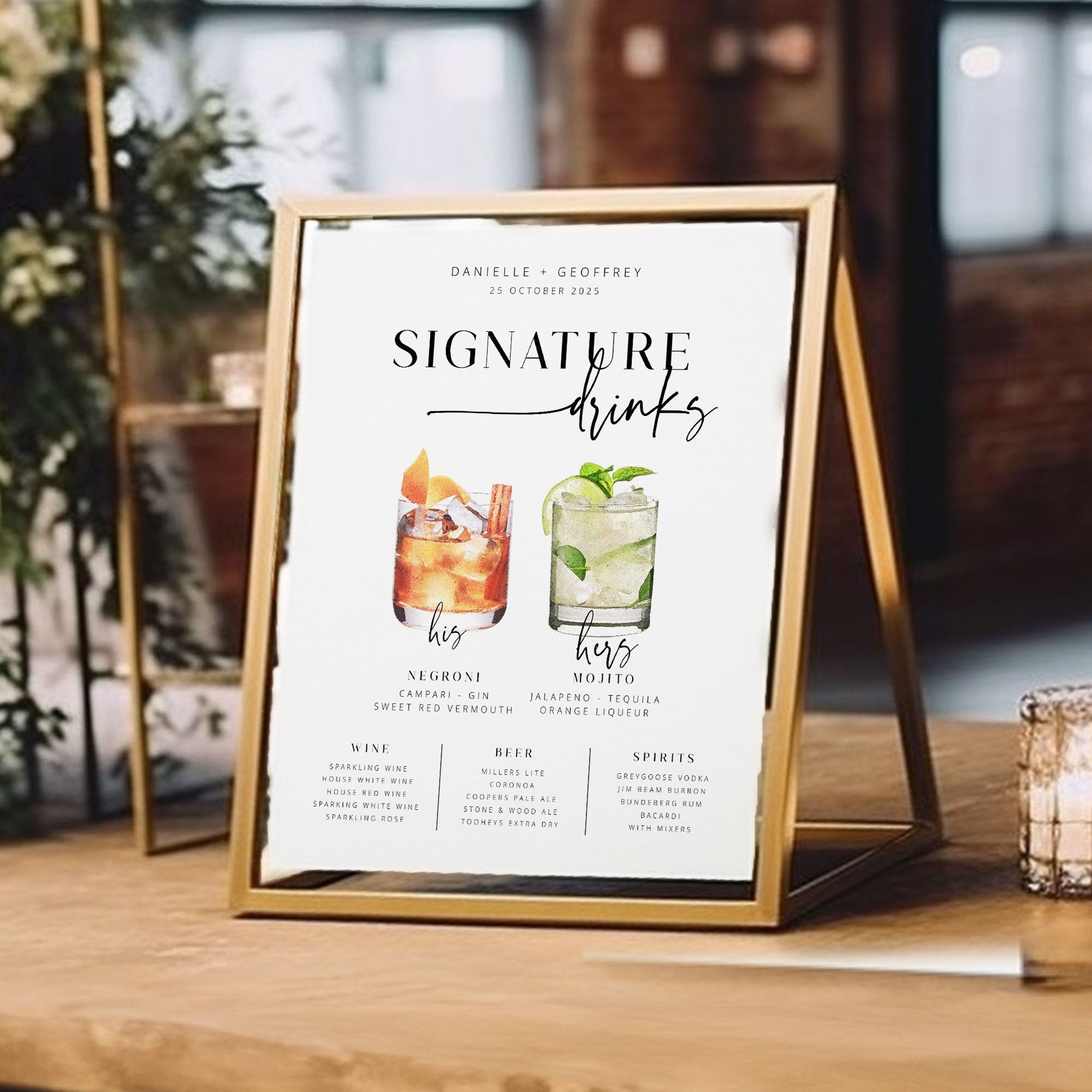 Editable Wedding Signature Drinks Template, Cocktail Bar Sign template, Printable Signature Drinks Menu, templett instant download BRI:001