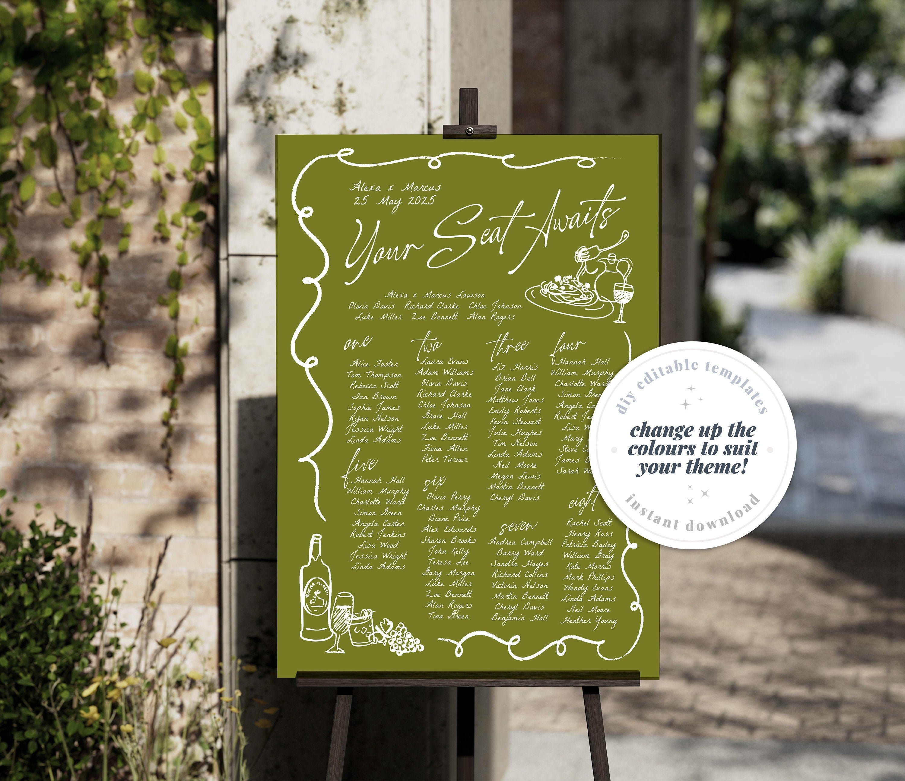 VINO Hand Drawn Wedding Seating Chart template, Hand drawn scribble illustrated Fun Wedding Menu, Instant Download Templett, Blue Wedding