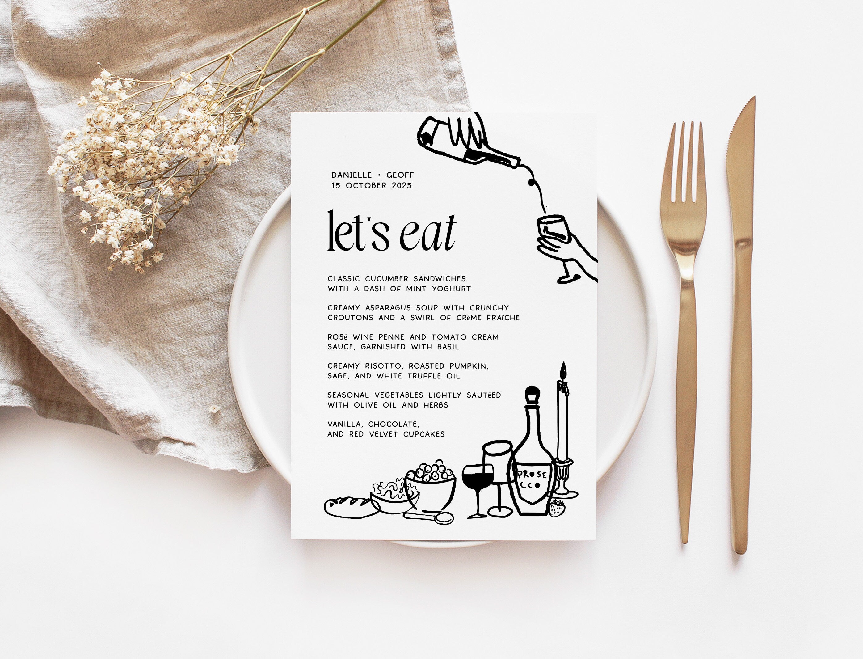 LEO Hand drawn Editable Wedding Menu template, Hand drawn drinks scribble illustrated Fun Wedding Menu, Instant Download Templett