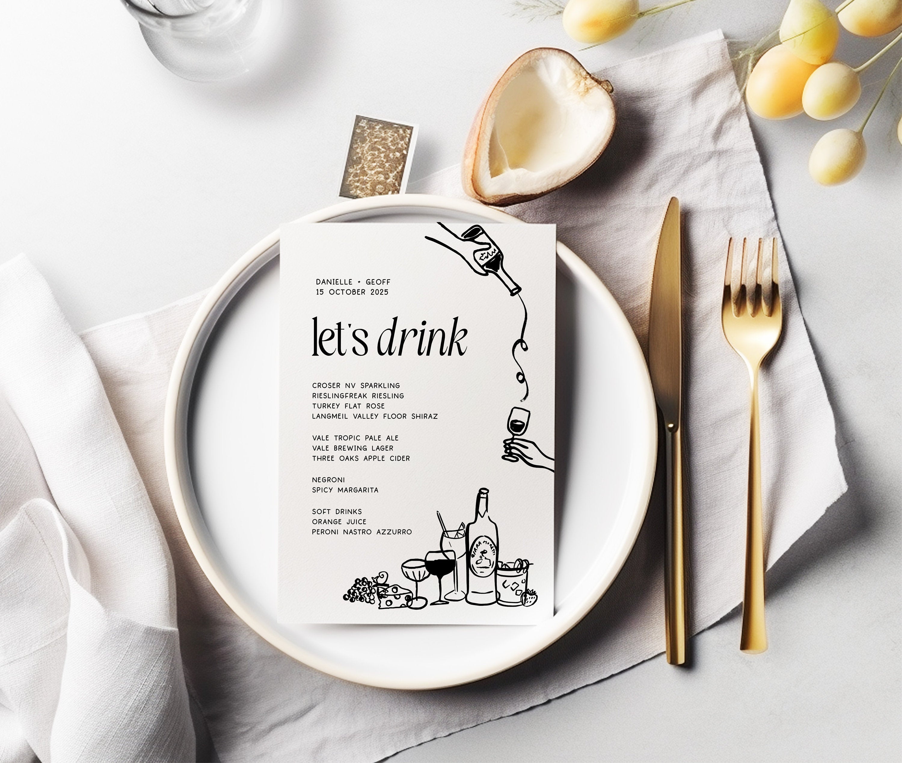 LEO Hand drawn Editable Wedding Menu template, Hand drawn drinks scribble illustrated Fun Wedding Menu, Instant Download Templett