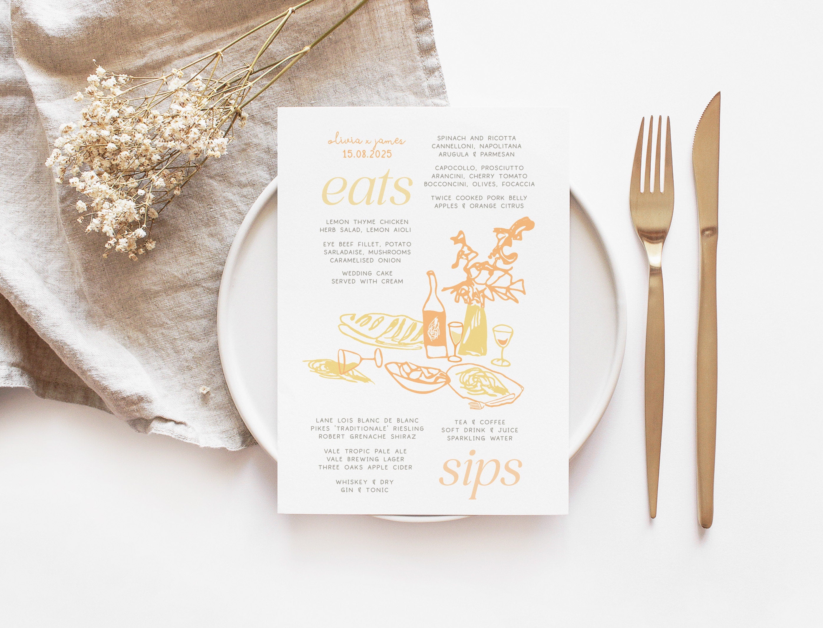 DOJA Hand drawn Menu template, Colourful Handwritten Wedding Menu, Instant Download Templett, whimsical party food menu