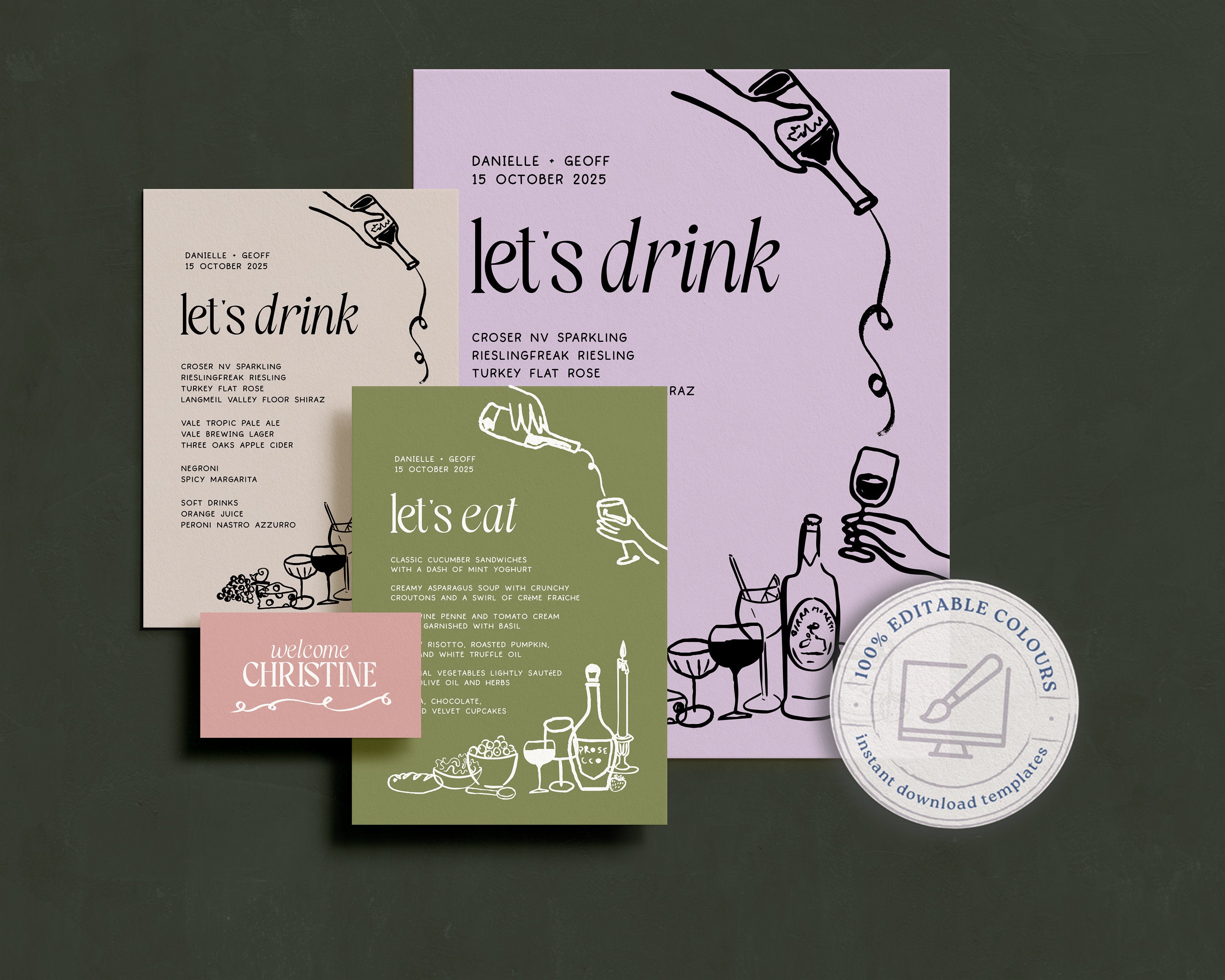 LEO Modern Editable Wedding Menu template, Hand drawn drinks scribble illustrated Fun Wedding Menu, Instant Download Templett