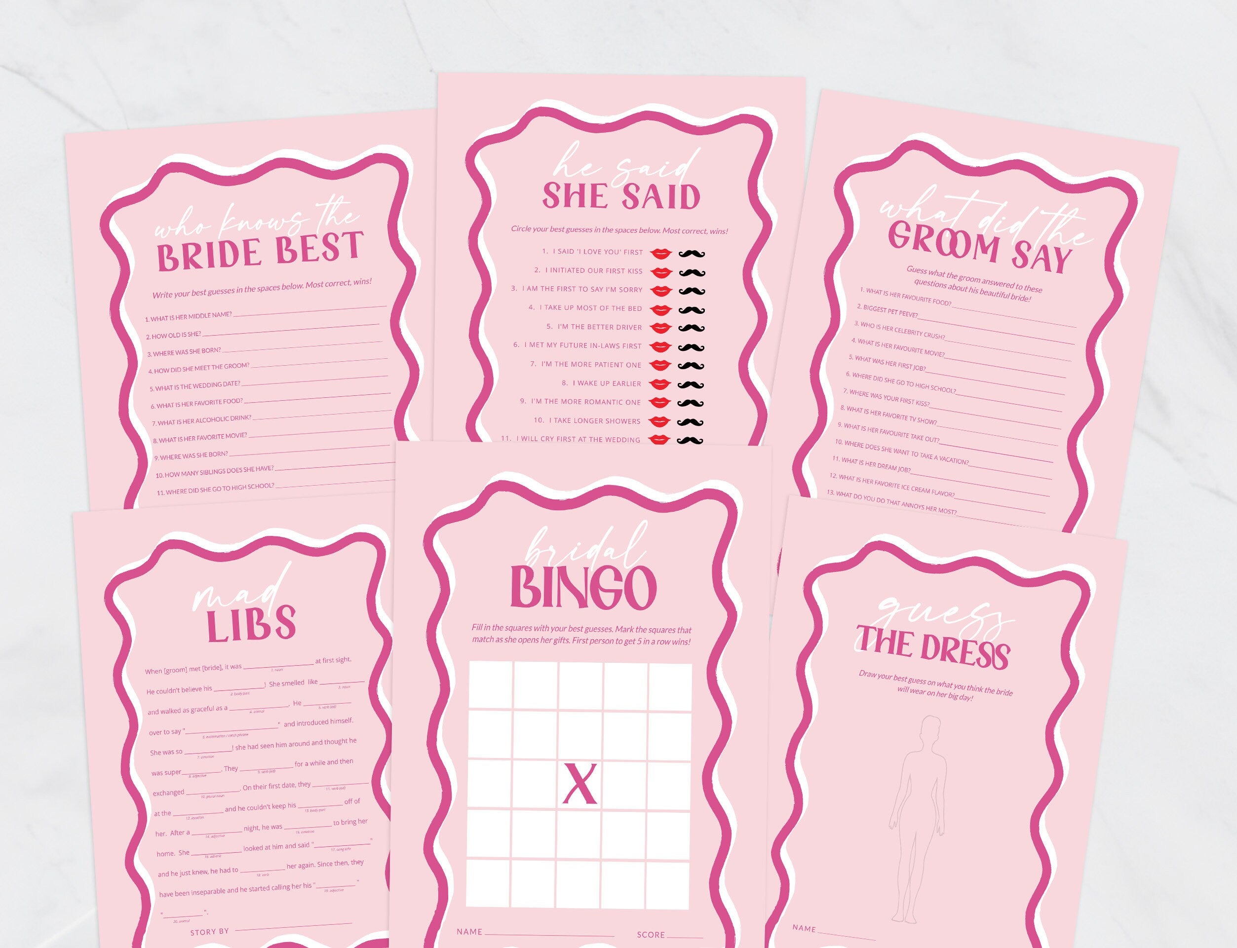 SONNY Pink Wave bridal shower games bundle template, Retro Pink White Border Bridal Shower game pack, Instant Download Editable Templett