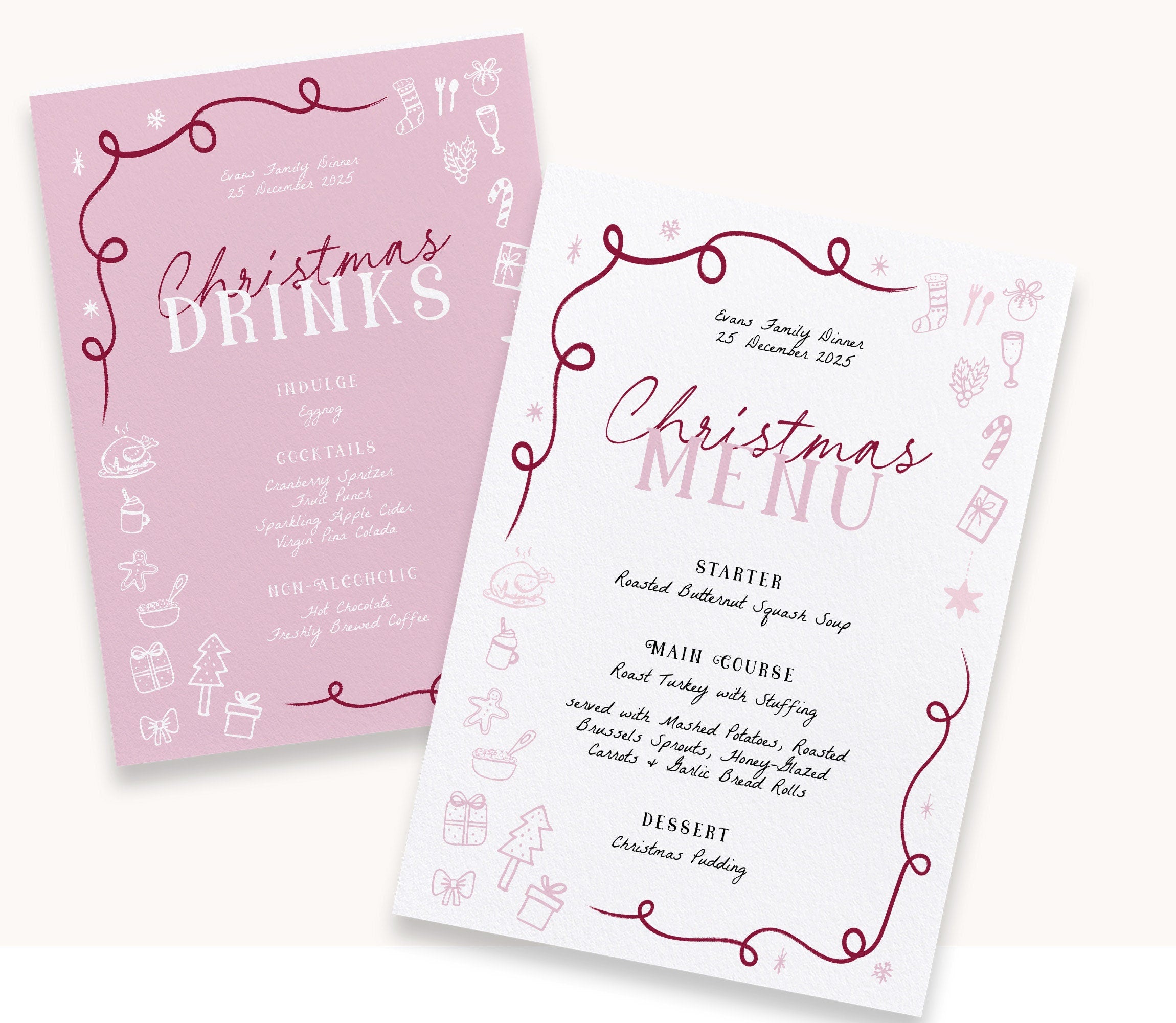 Hand drawn Christmas Menu template, Pink Wavey Festive Work party menu, editable welcome template, templett instant download FESTIVE